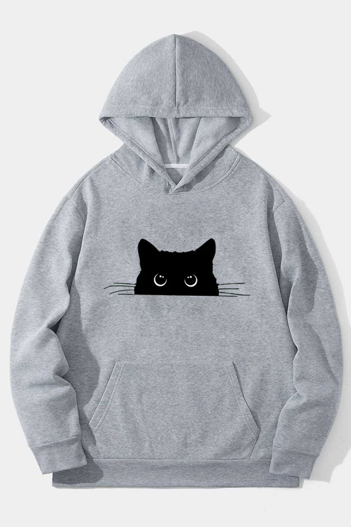 Gramix Cat Baskılı Oversize Kapüşonlu Gri Erkek Sweatshirt