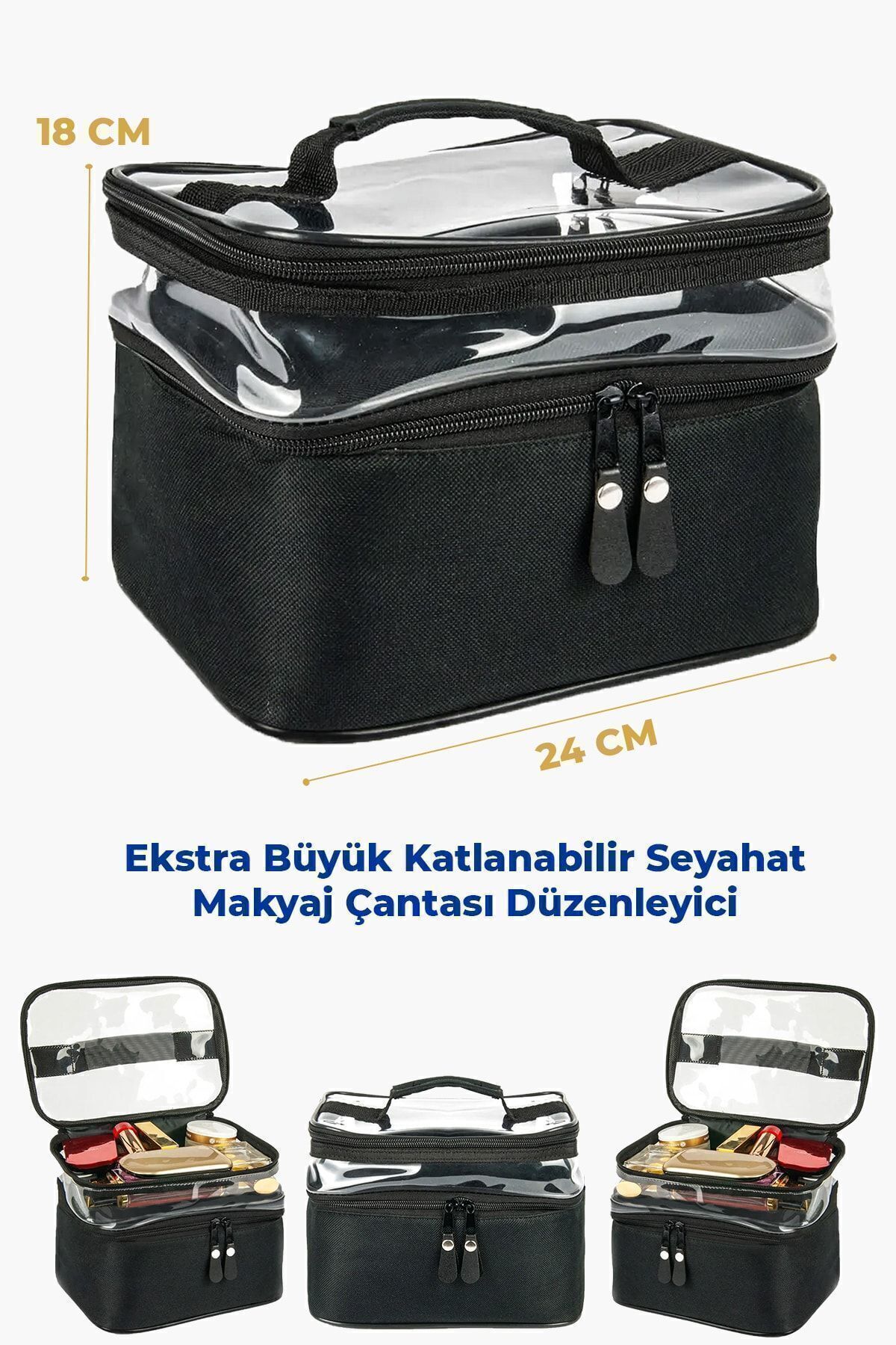 Kadın Makyaj Çantası Iki Geniş Bölmeli Askılı Katlanabilir Bakım Seyahat Organizer Makyaj Çantası