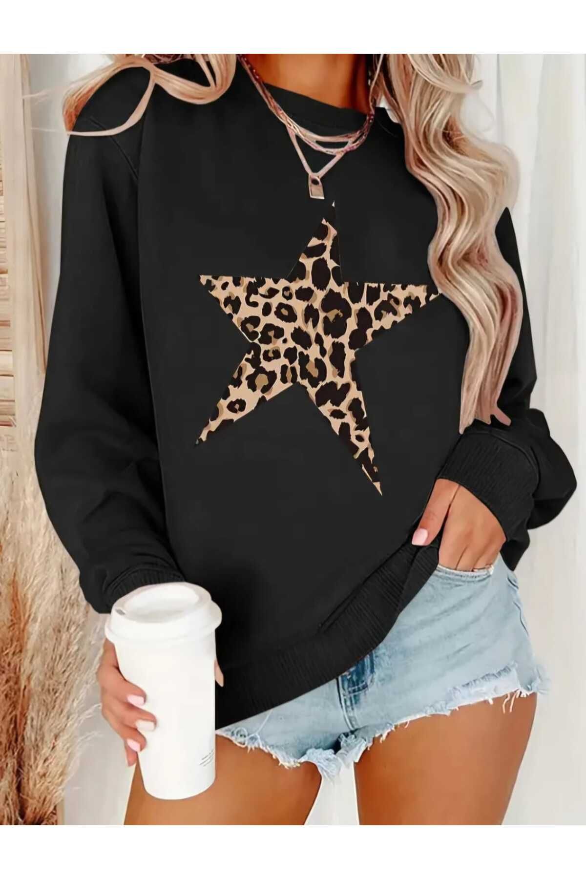 Leopar Yıldız Desenli Baskılı Bisiklet Yaka Oversize Sweatshirt Kadın