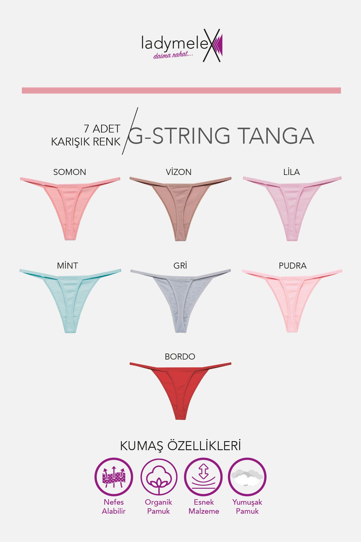 Kadın Tanga, Perfect Fall G String Tanga (S-M-L-XL) 7 Adet, Lila Bordo Somon Gri Mint Pudra Vizon