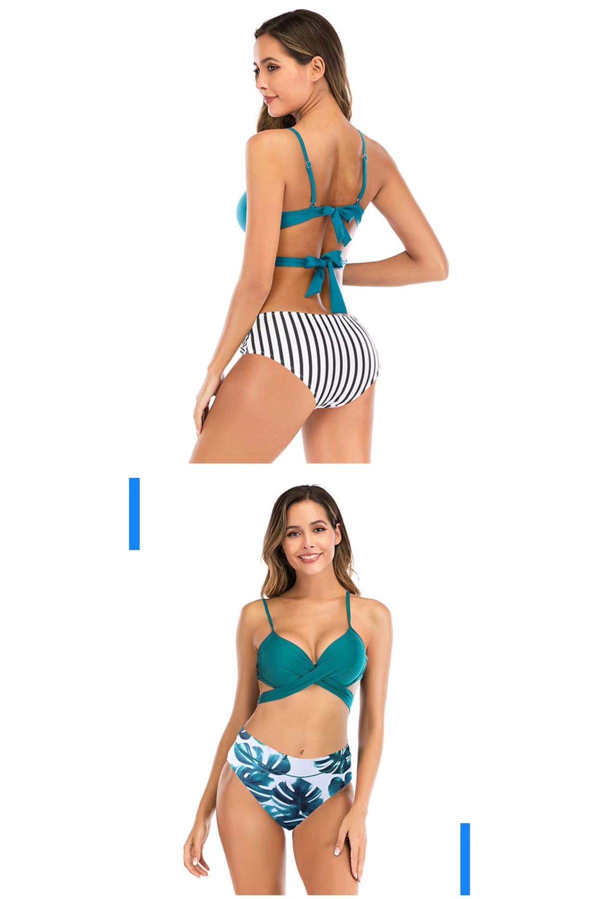 Bikini seti Push Up  Backless yüksek bel  çizgili yapraklar