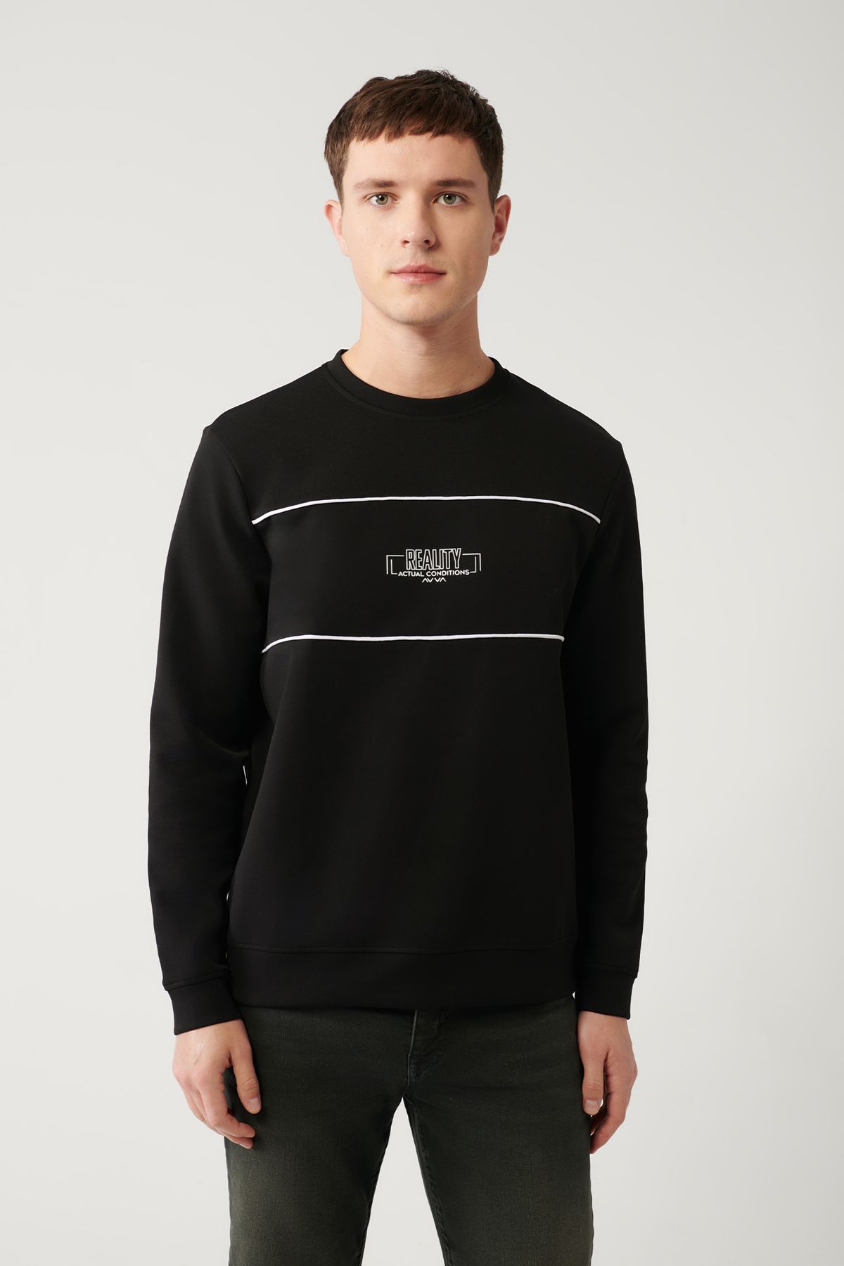 Erkek Siyah Bisiklet Yaka Interlok Kumaş Göğsü Baskılı Sweatshirt A32y1228