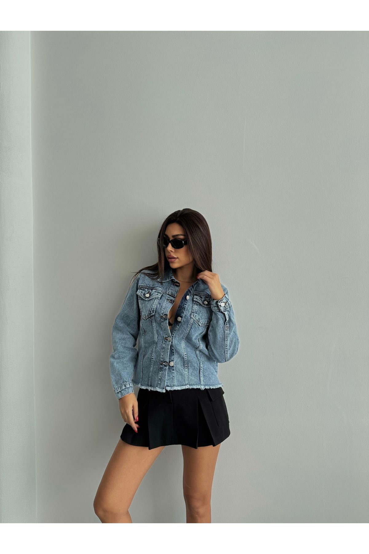 Kadın Bel Püskül Detaylı Oversize Denim Ceket