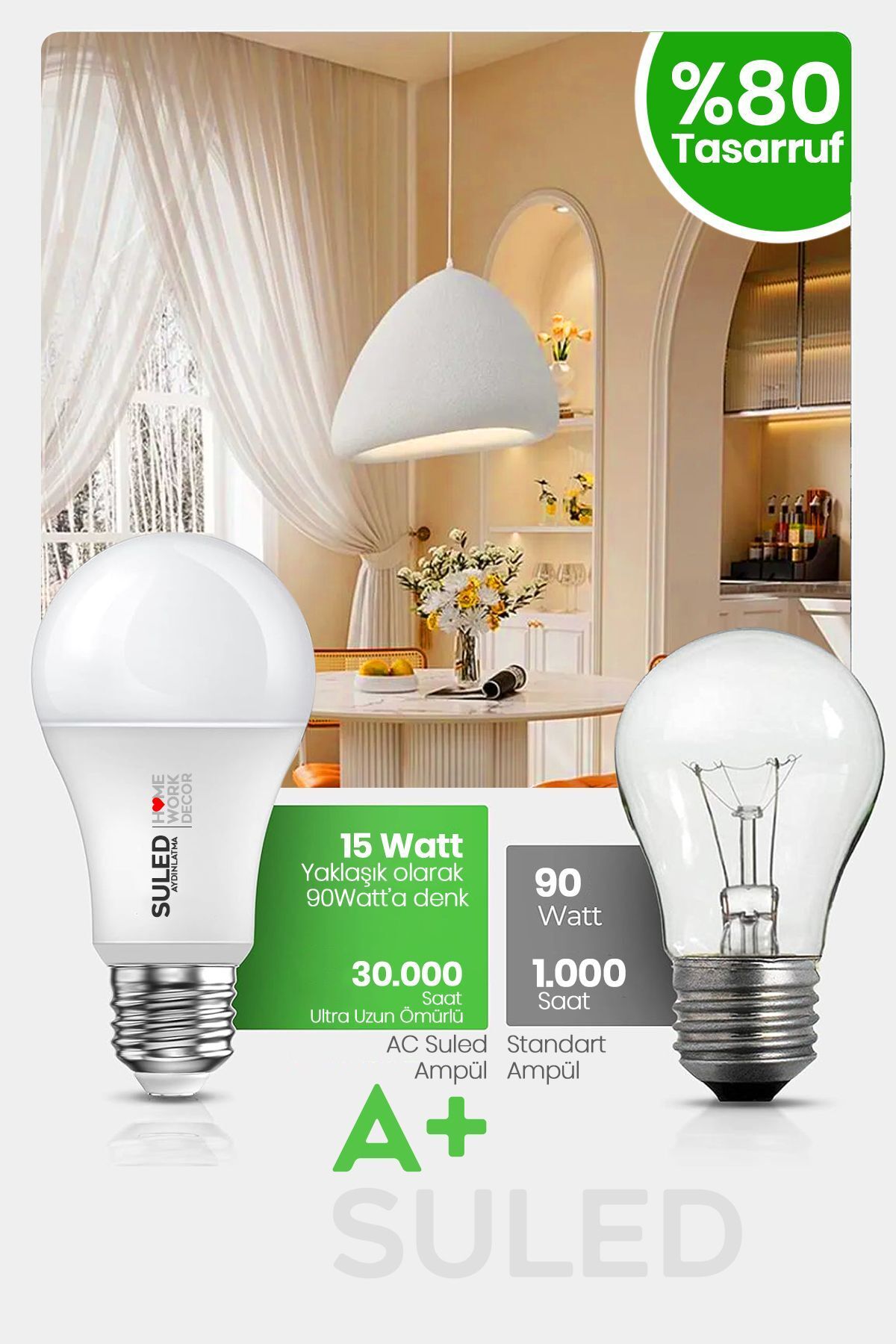 Tasarruflu Led Ampül Tekli 15w Güçlü Aydınlatma Smd Led Beyaz Işık 6500k E27 Standart Lamba