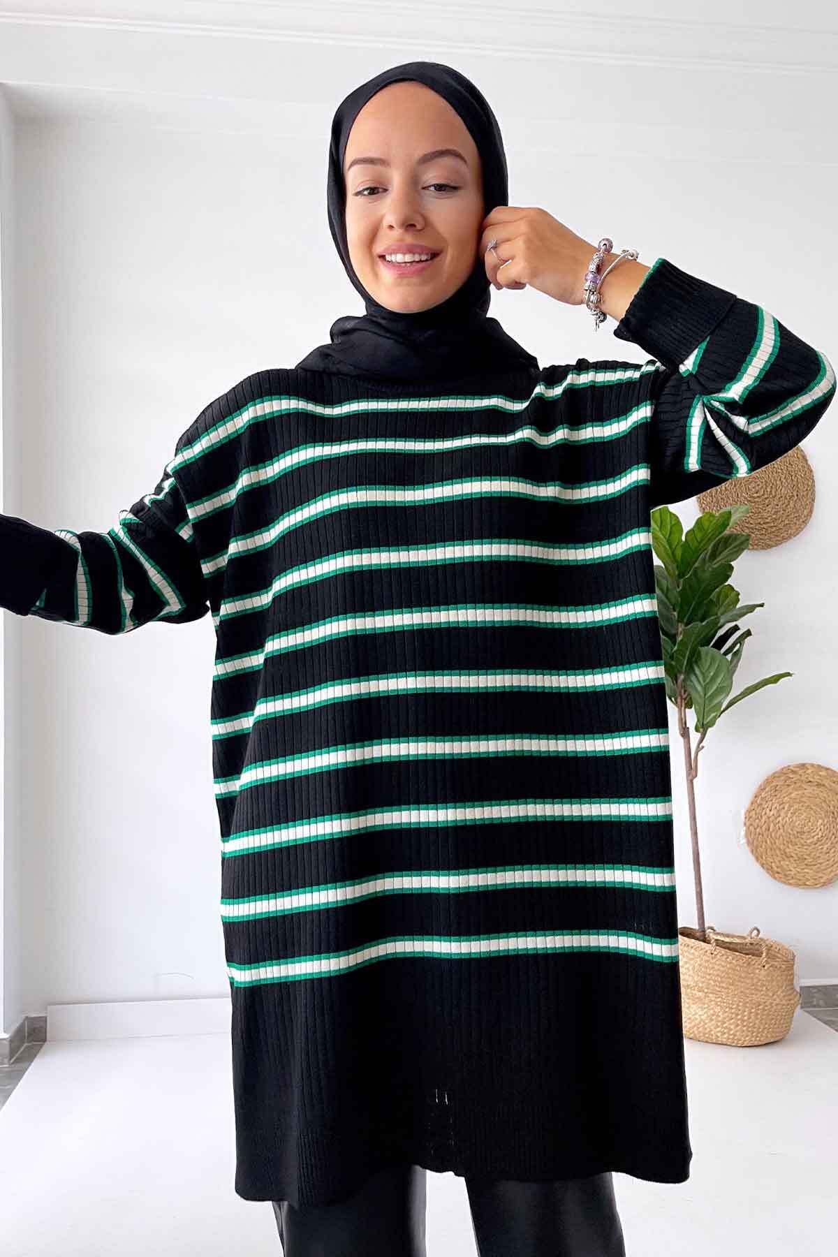 Lady Tesettür Triko Tunik - Siyah/Yeşil