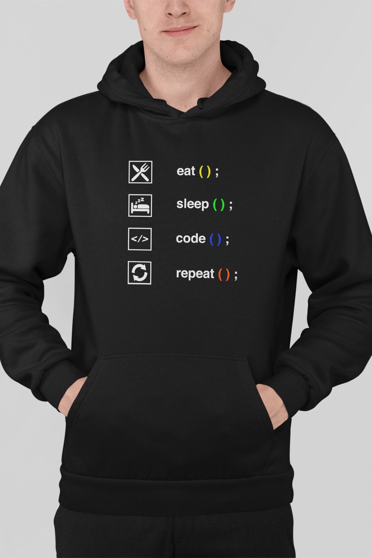 Eat Sleep Code Repeat Yazılımcı Mühendis Baskılı Unisex %100 Pamuk Kapüşonlu Sweatshirt Hoodie