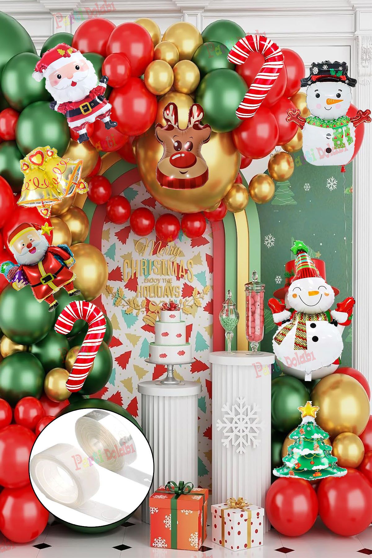 Yılbaşı 40 Metalik Balon 9'lu Folyo Balon Zincir Sticker Süsleme Seti Yeni Yıl Noel Baba Mekan Süs