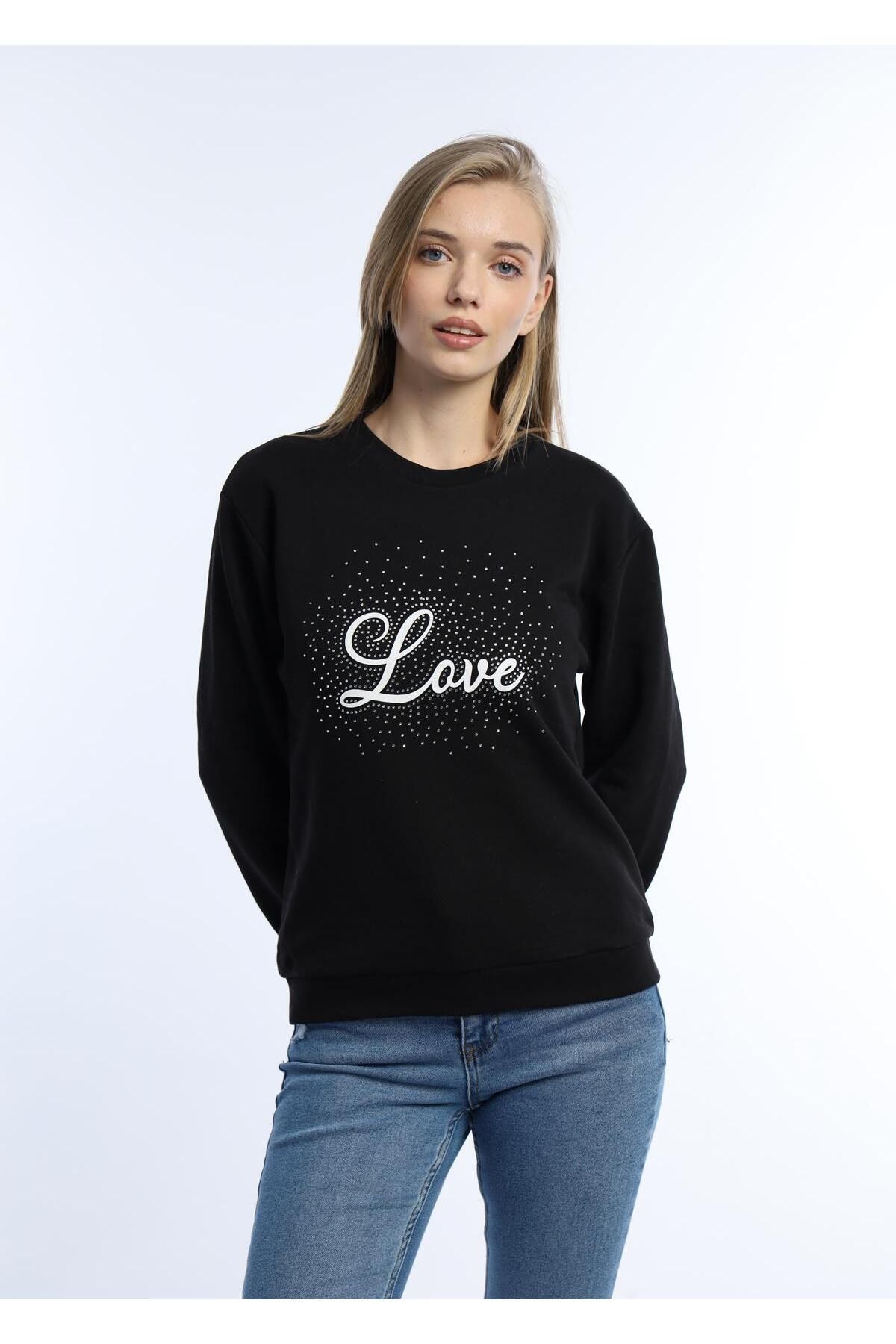 Kadın Love Baskılı 3 İplik Şardonsuz Sweatshirt Siyah