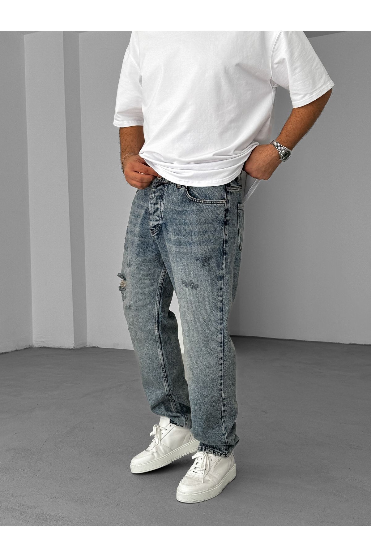 Açık Mavi Tek Yırtıklı Baggy Jean KE-609