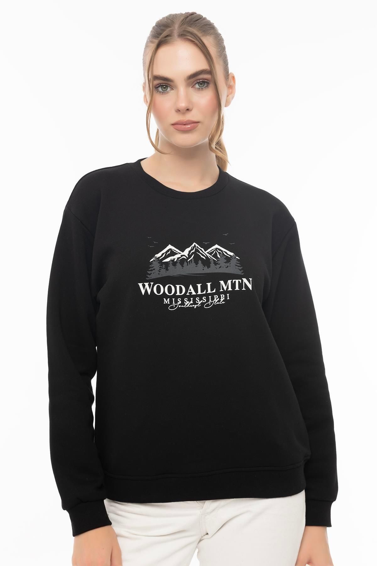 Kadın 3 İplik Şardonlu Woodall Mtn Baskıli Sweatshirt Siyah