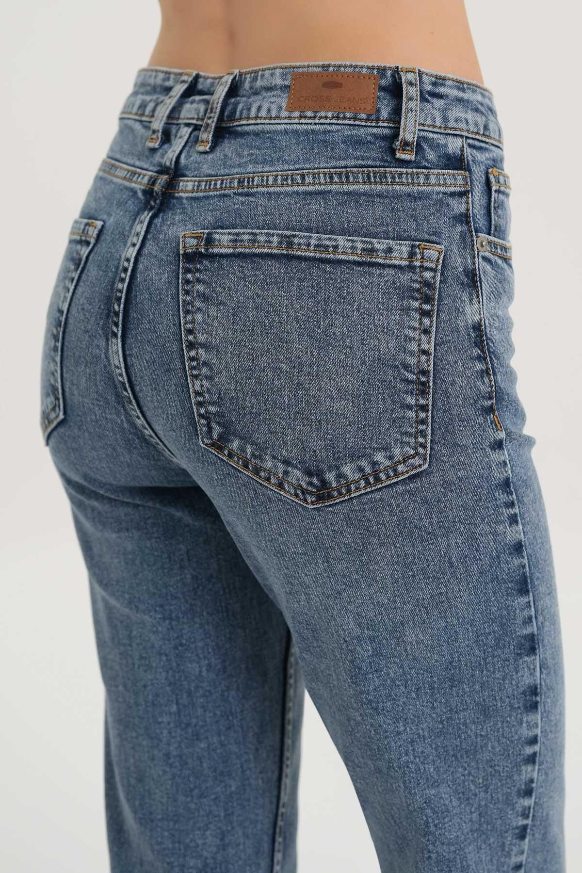 Orta Mavi Yüksek Bel Patı Fermuarlı Slim Fit Mom Jean Pantolon C 4932-005