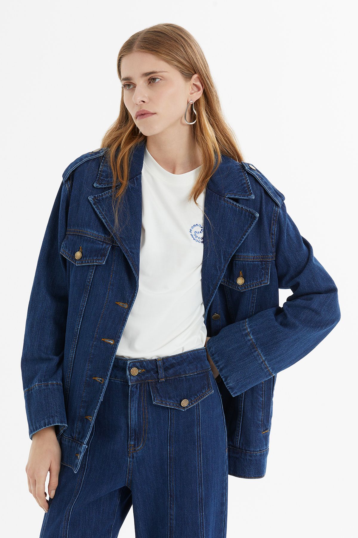 Apolet Detaylı Oversize Lacivert Denim Ceket