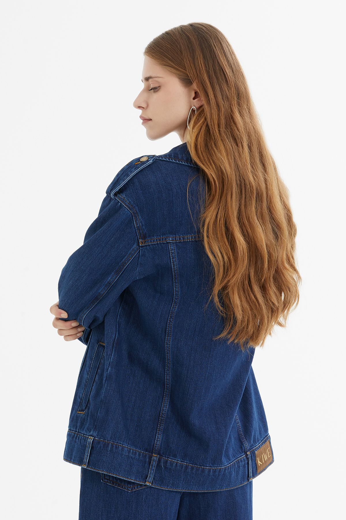 Apolet Detaylı Oversize Lacivert Denim Ceket