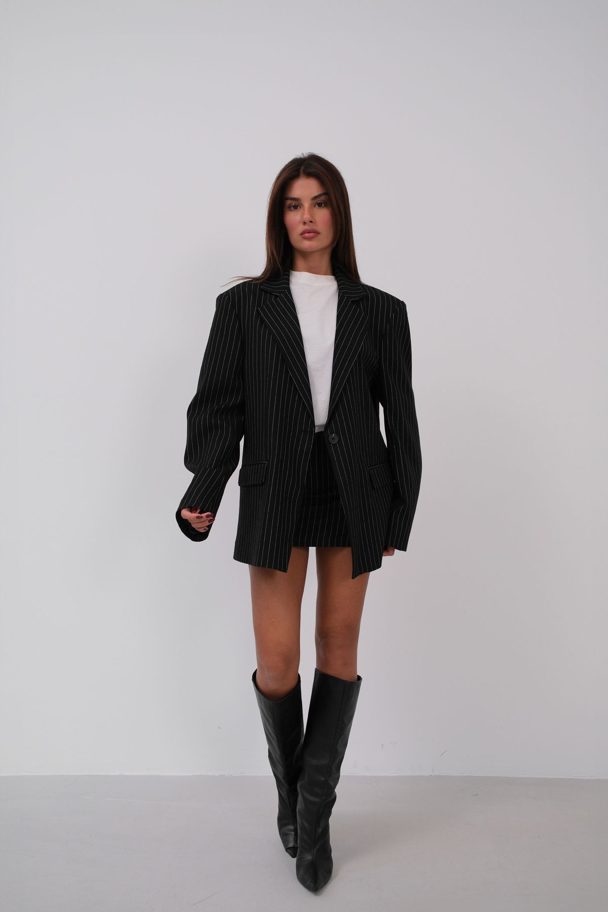 Black Fashion ÇizgiliOversize Blazer Siyah Ce...