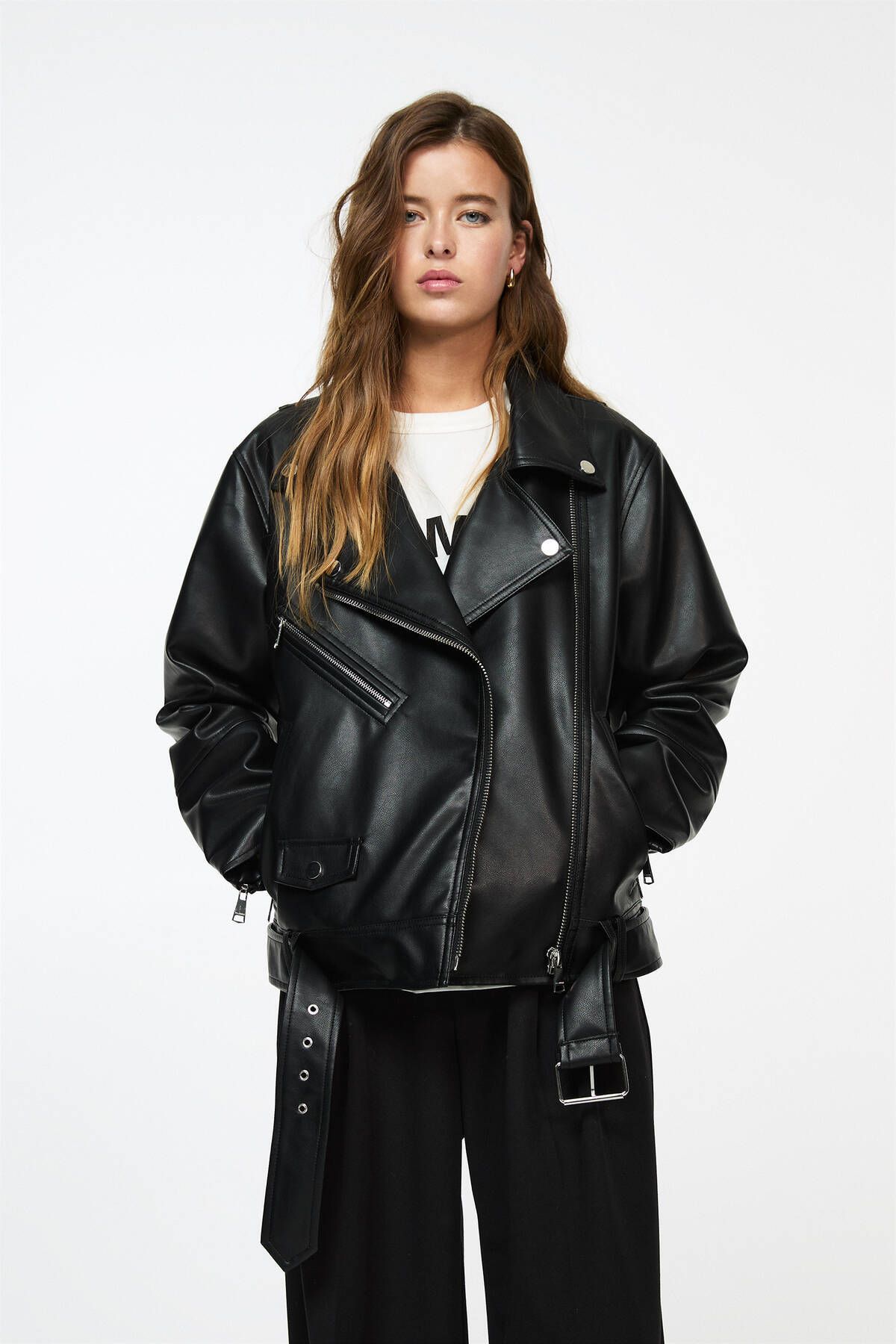 Oversize suni deri biker ceket