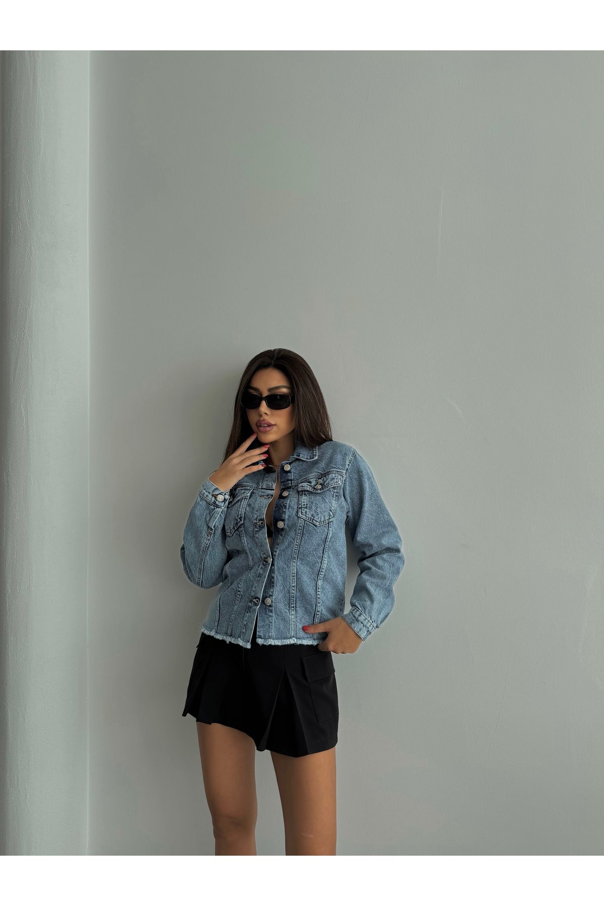 Kadın Bel Püskül Detaylı Oversize Denim Ceket