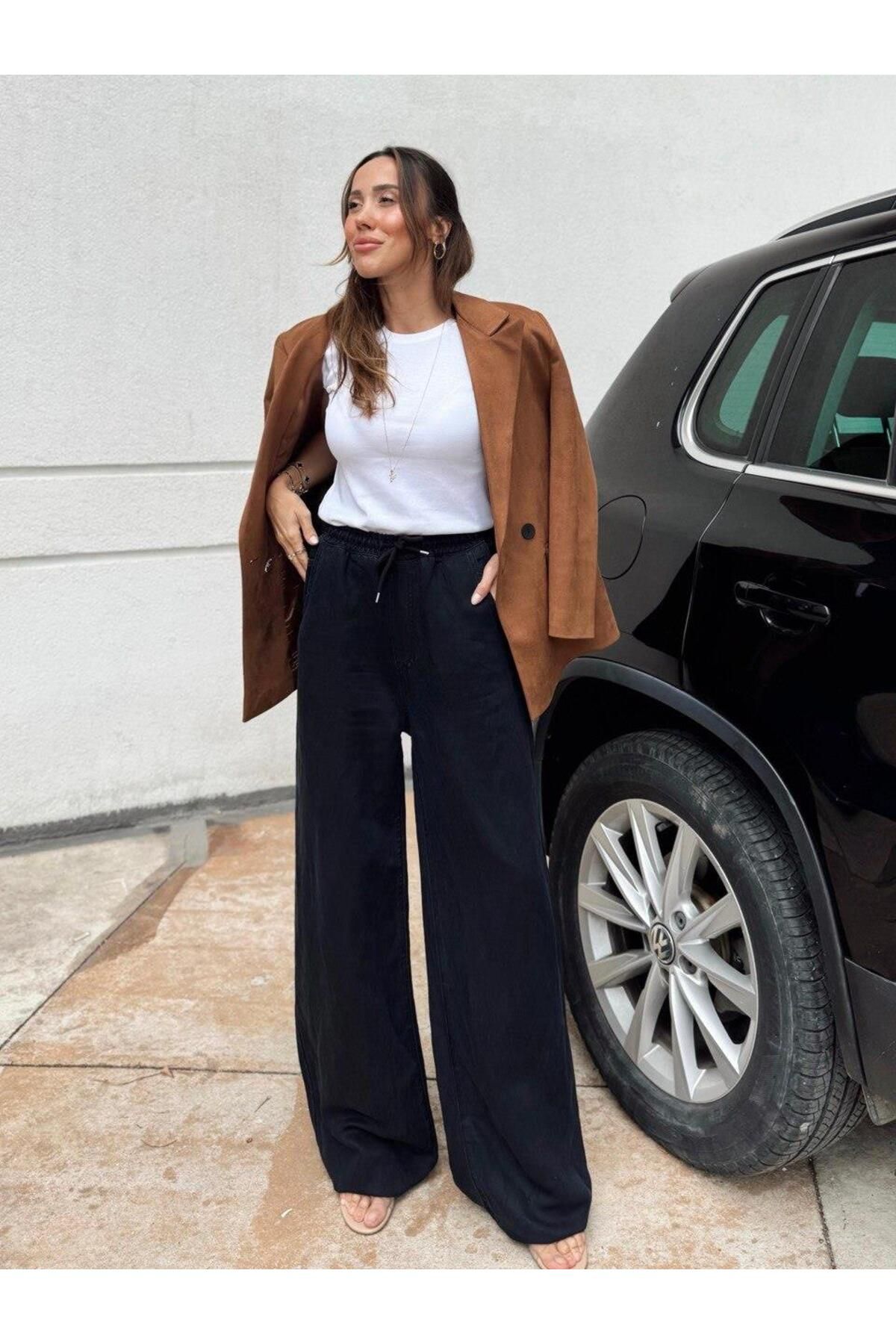 Kadın Bel Lastikli Oversize Geniş Paça Siyah Pantolon