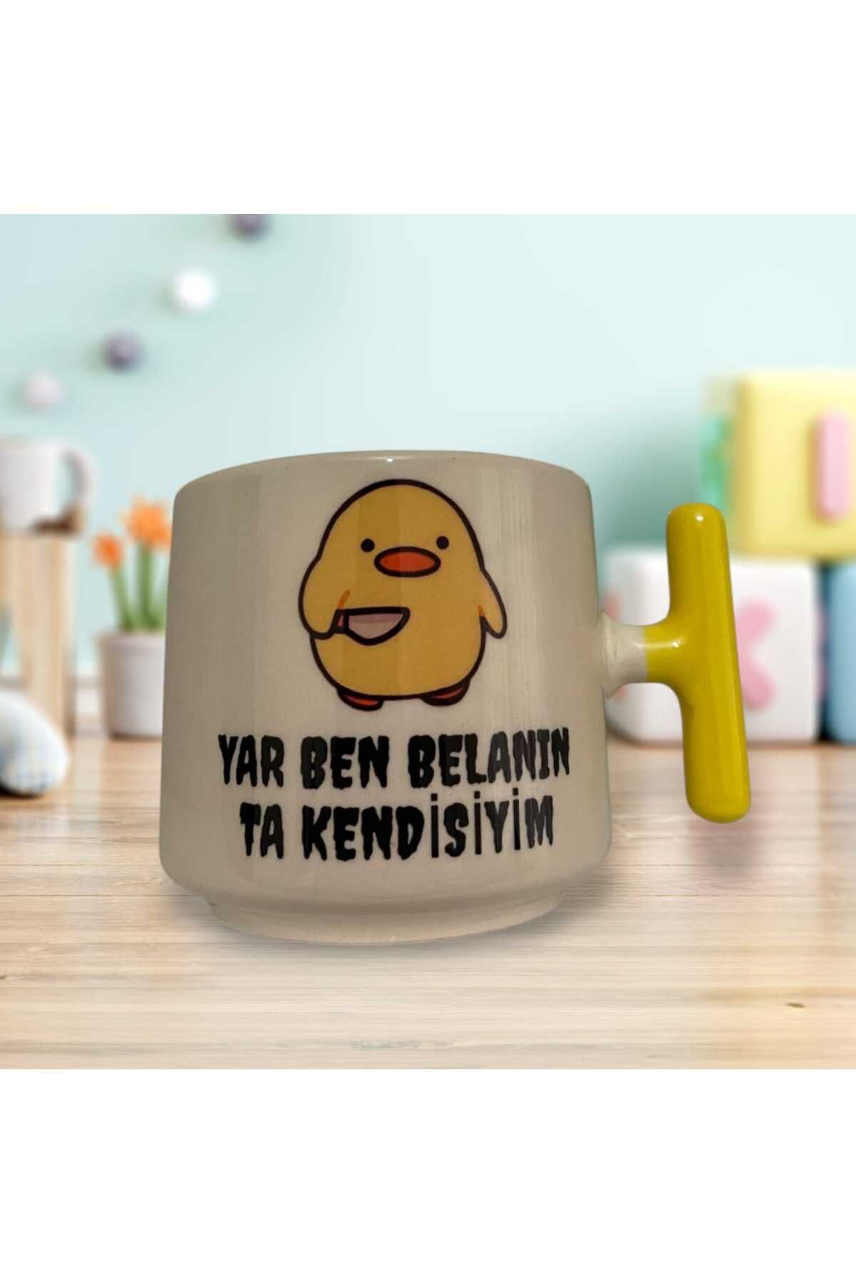 Yar Ben Belanın Ta Kendisiyim Çift Taraf Yazılı T Kupa Bardak (Sarı Kulp)