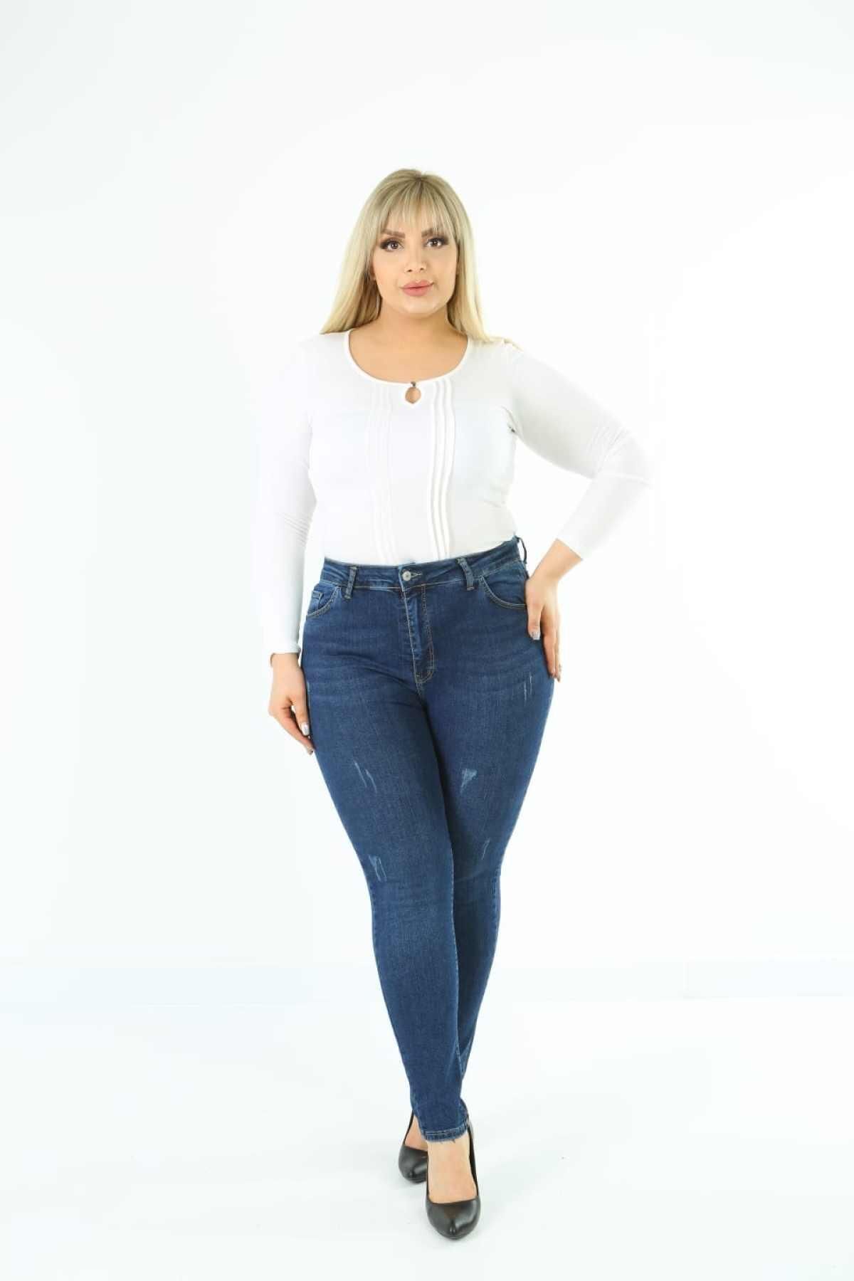 Kadın Lacivert Büyük Beden Skinny Fit Yüksek Bel Full Likralı Yumuşak Giyim Jean Pantolon C597