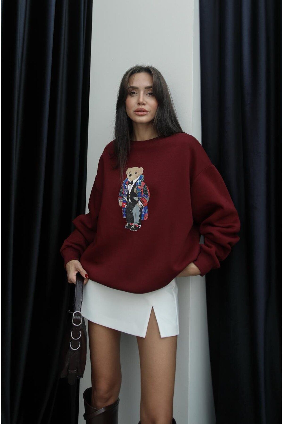 Havoş Bordo Papyonlu TeddyBaskılı Sweatshirt