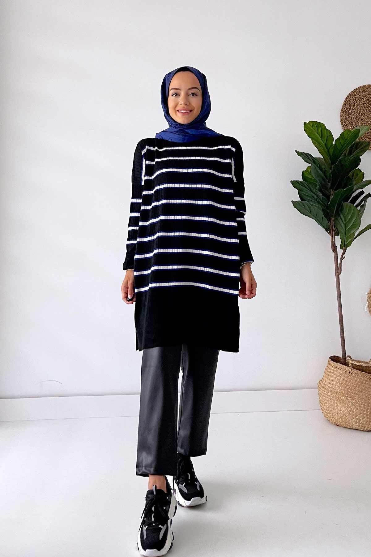 Lady Tesettür Triko Tunik - Siyah/Saks