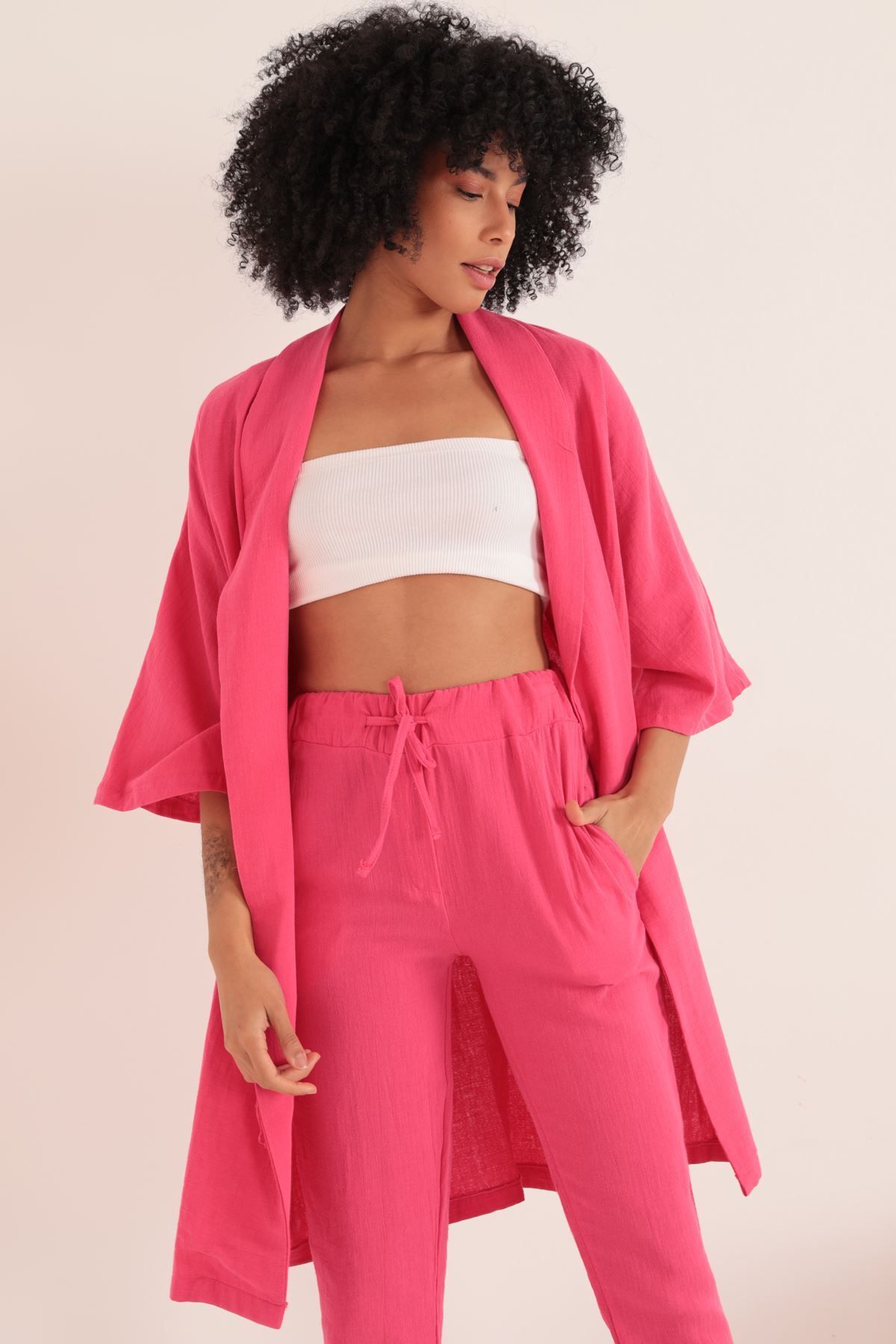 Gıronda Müslin Kumaş Oversize Kadın Kimono-Fuşya