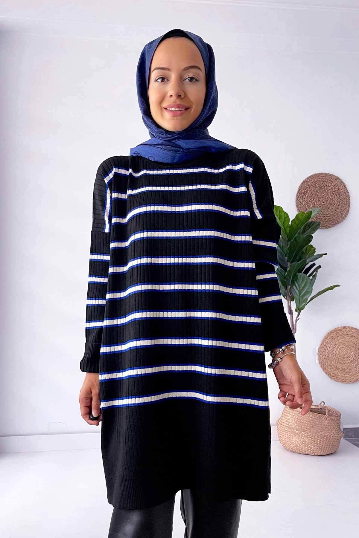 Lady Tesettür Triko Tunik - Siyah/Saks