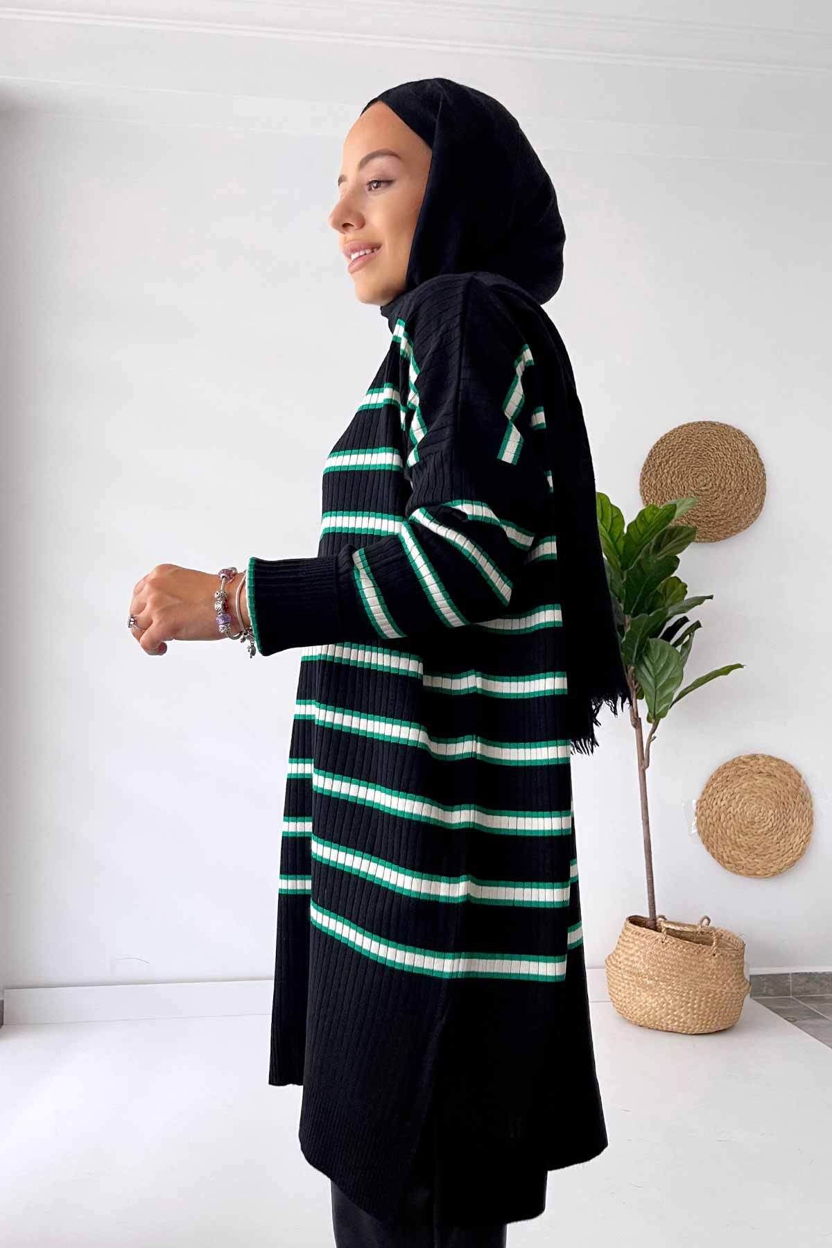 Lady Tesettür Triko Tunik - Siyah/Yeşil