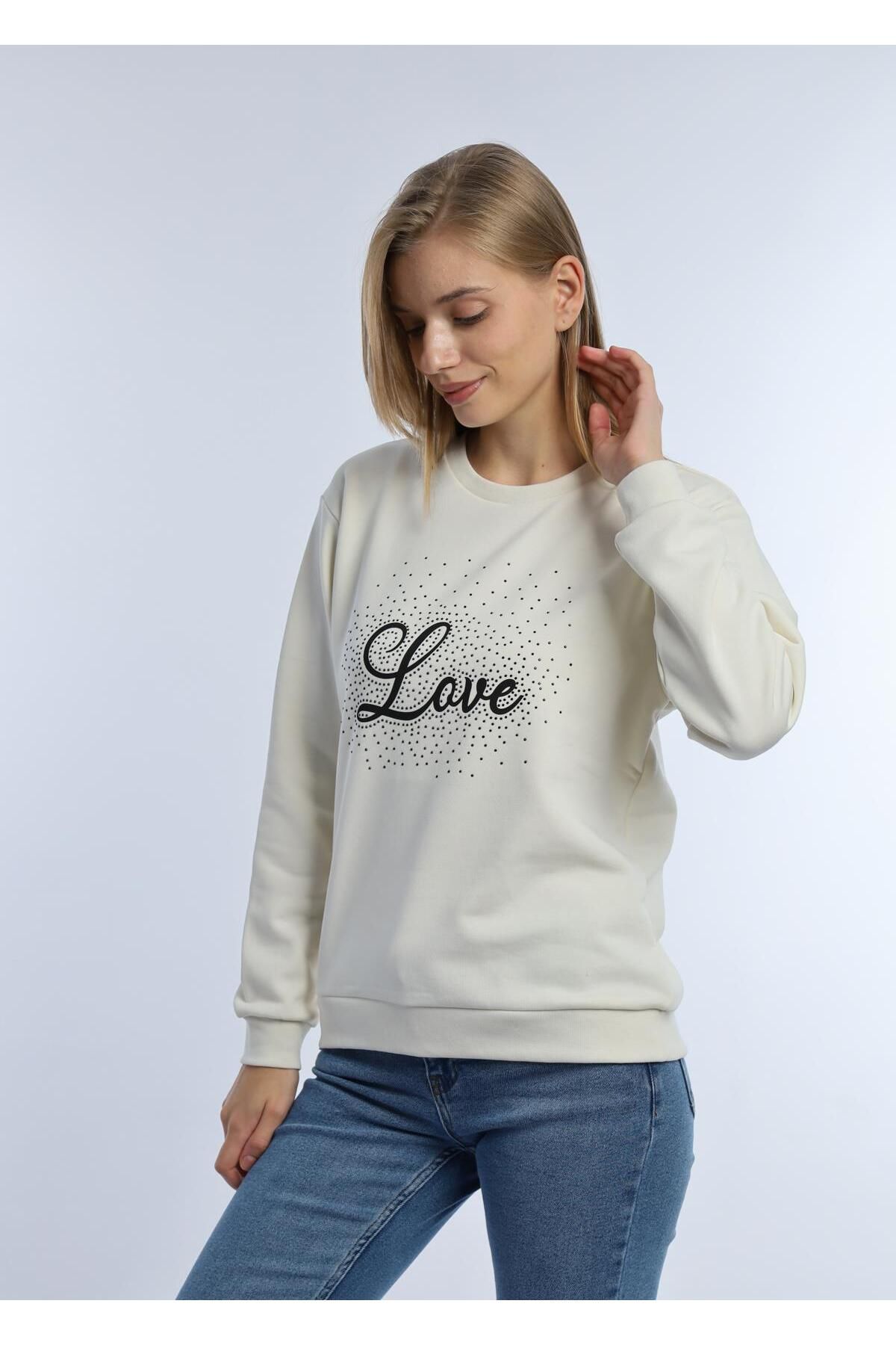 Kadın Love Baskılı 3 İplik Şardonsuz Sweatshirt Ekru