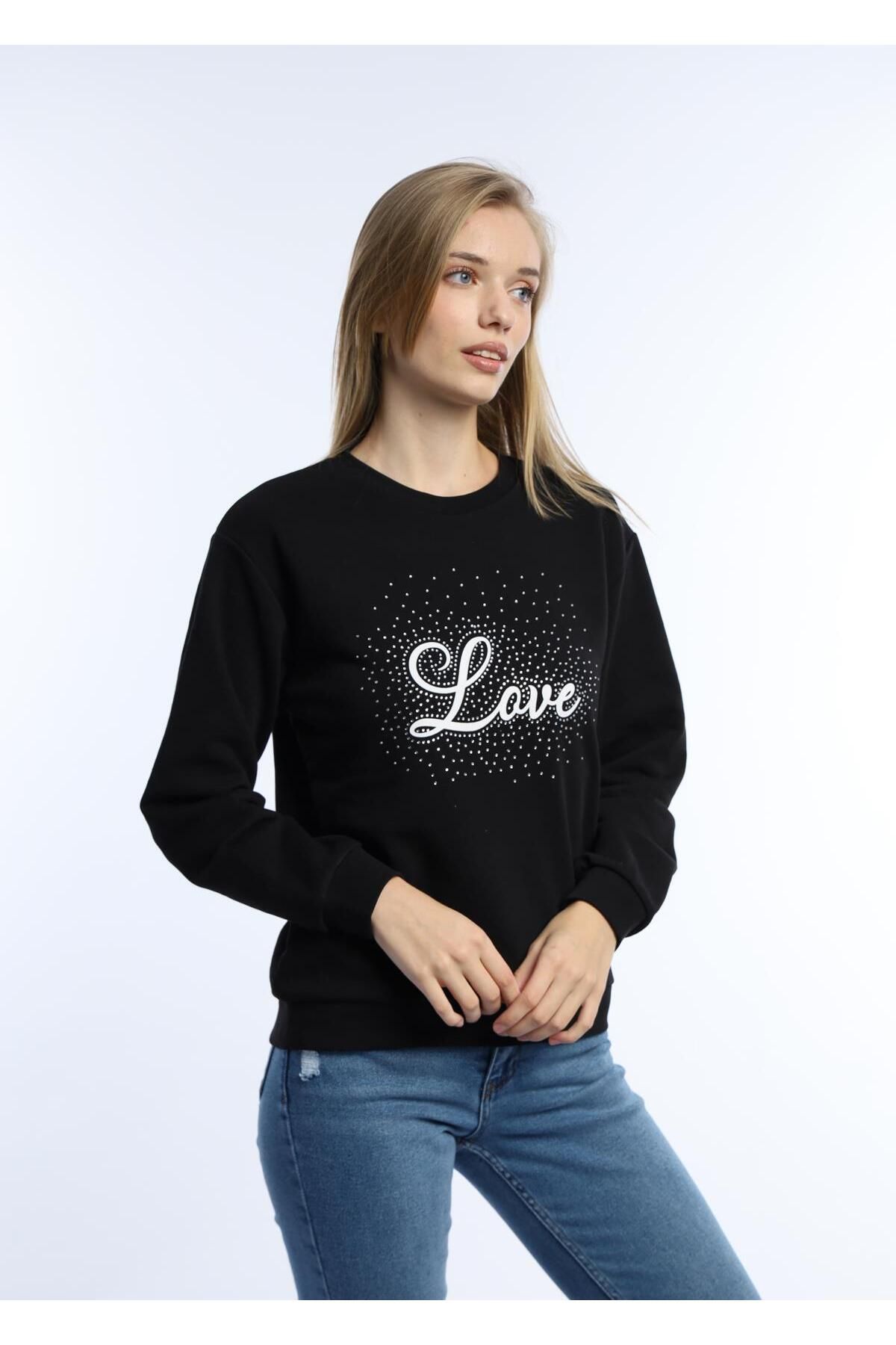 Kadın Love Baskılı 3 İplik Şardonsuz Sweatshirt Siyah