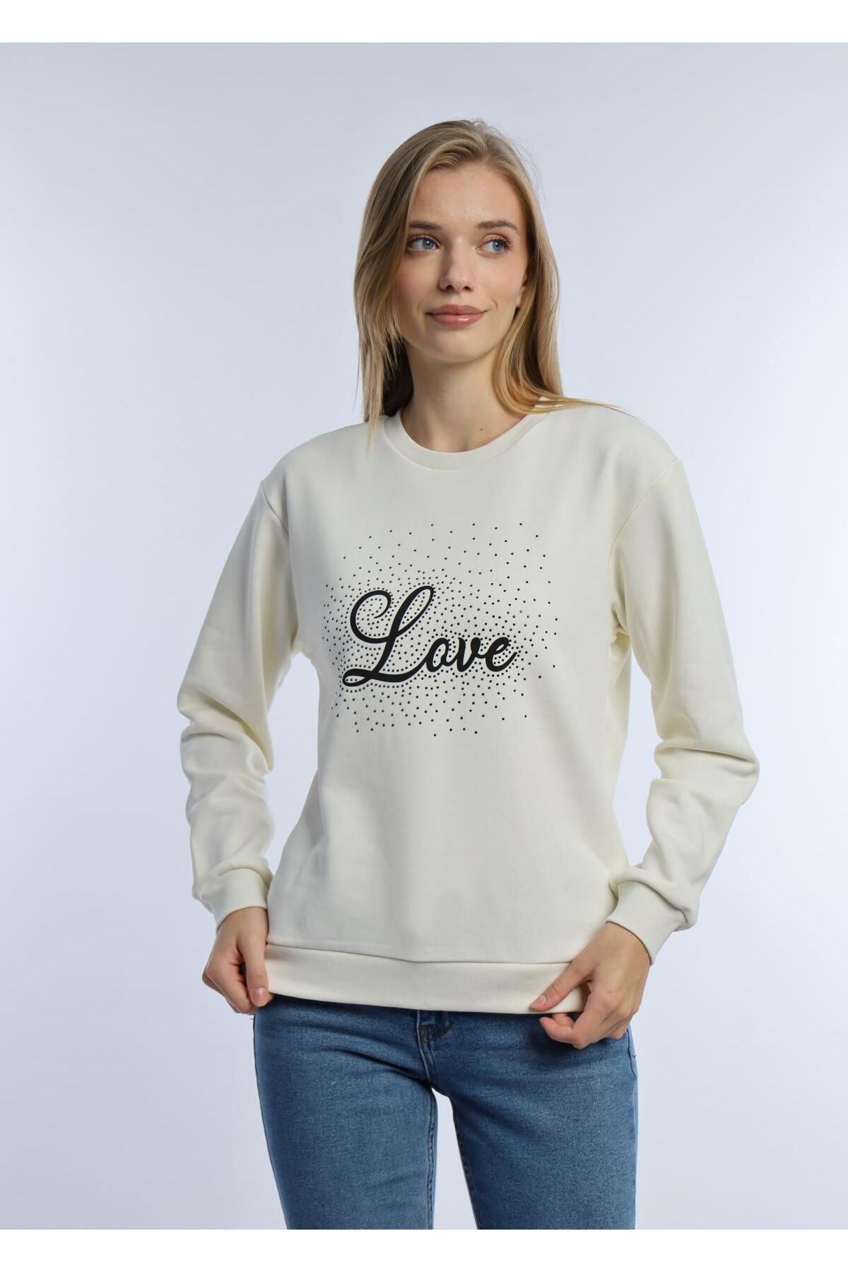 Kadın Love Baskılı 3 İplik Şardonsuz Sweatshirt Ekru