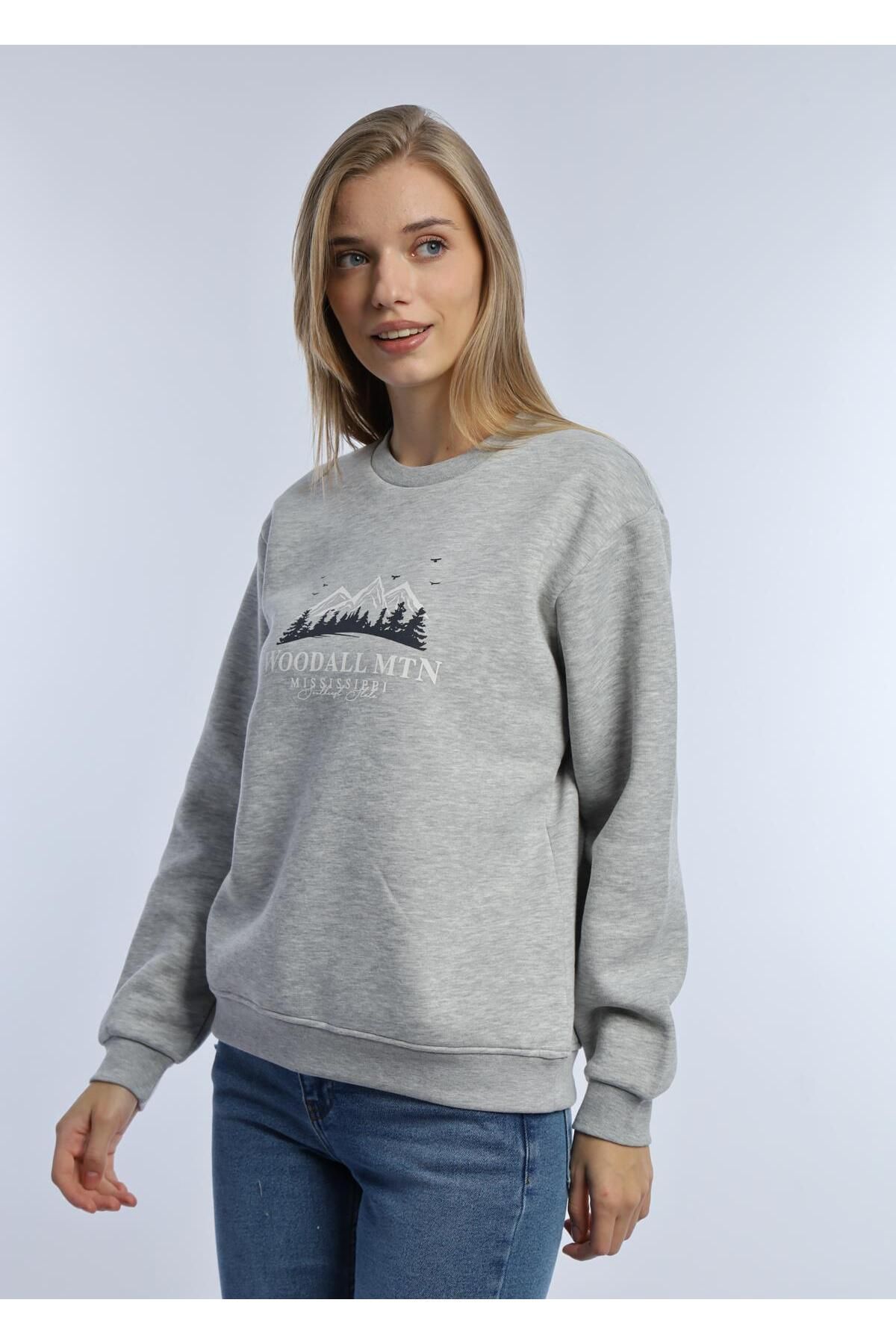 Kadın 3 İplik Şardonlu Woodall Mtn Baskıli Sweatshirt Gri Melanj