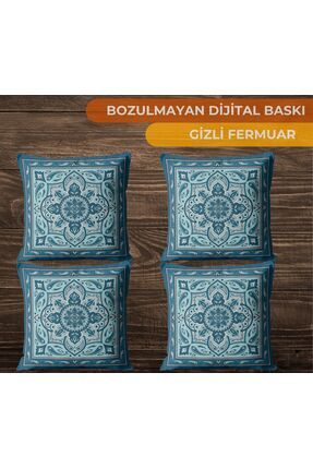Dijital Baskılı Hediyelik Koltuk 4'lü Kırlent Yastık Kılıfı | Mavi Beyaz Ebru Desenli Image 0
