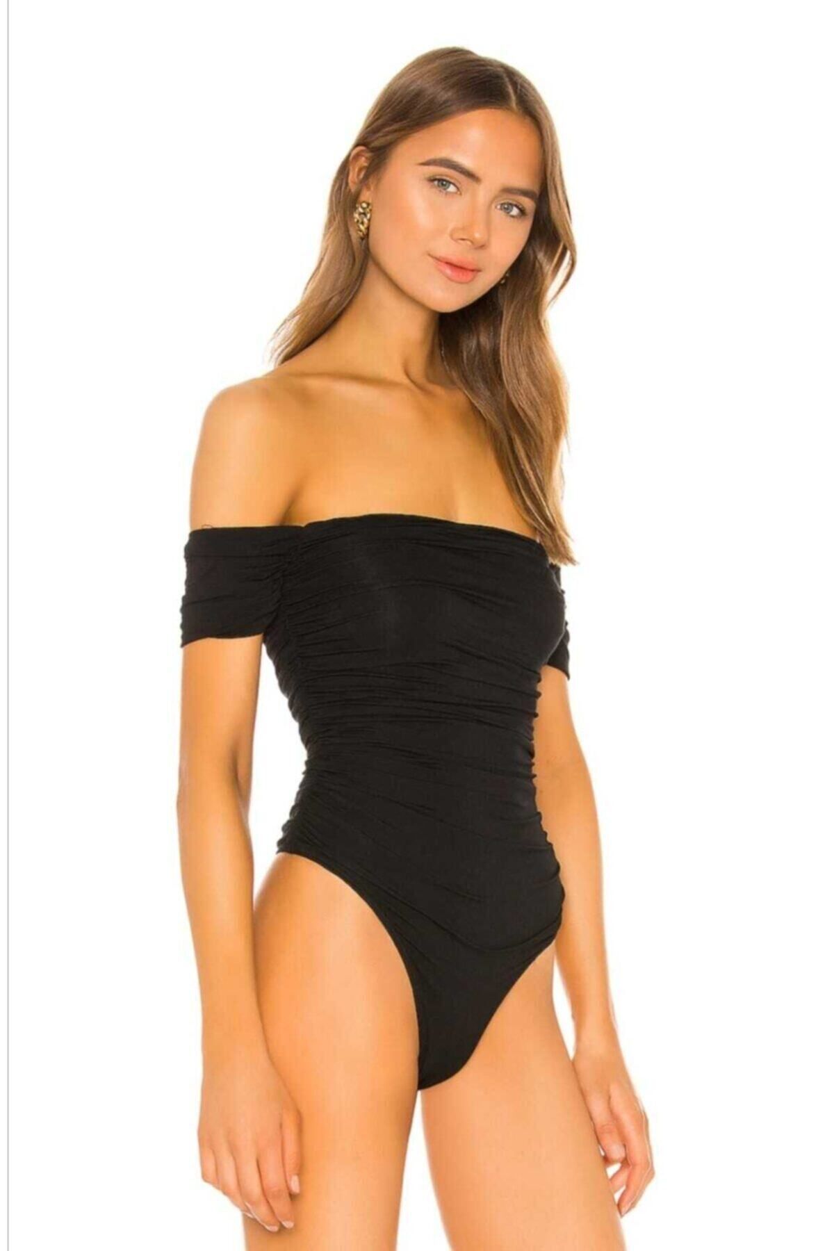 Kadın Straplez Kesim Büzgülü Bodysuit