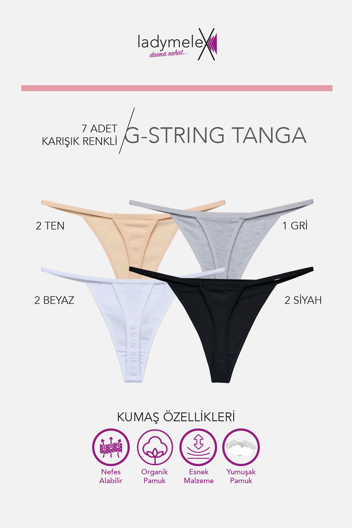 Kadın Tanga, Perfect Fall G String Tanga (S-M-L-XL) 7 Adet Gri Siyah Beyaz Ten, %100 Yumuşak Pamuk