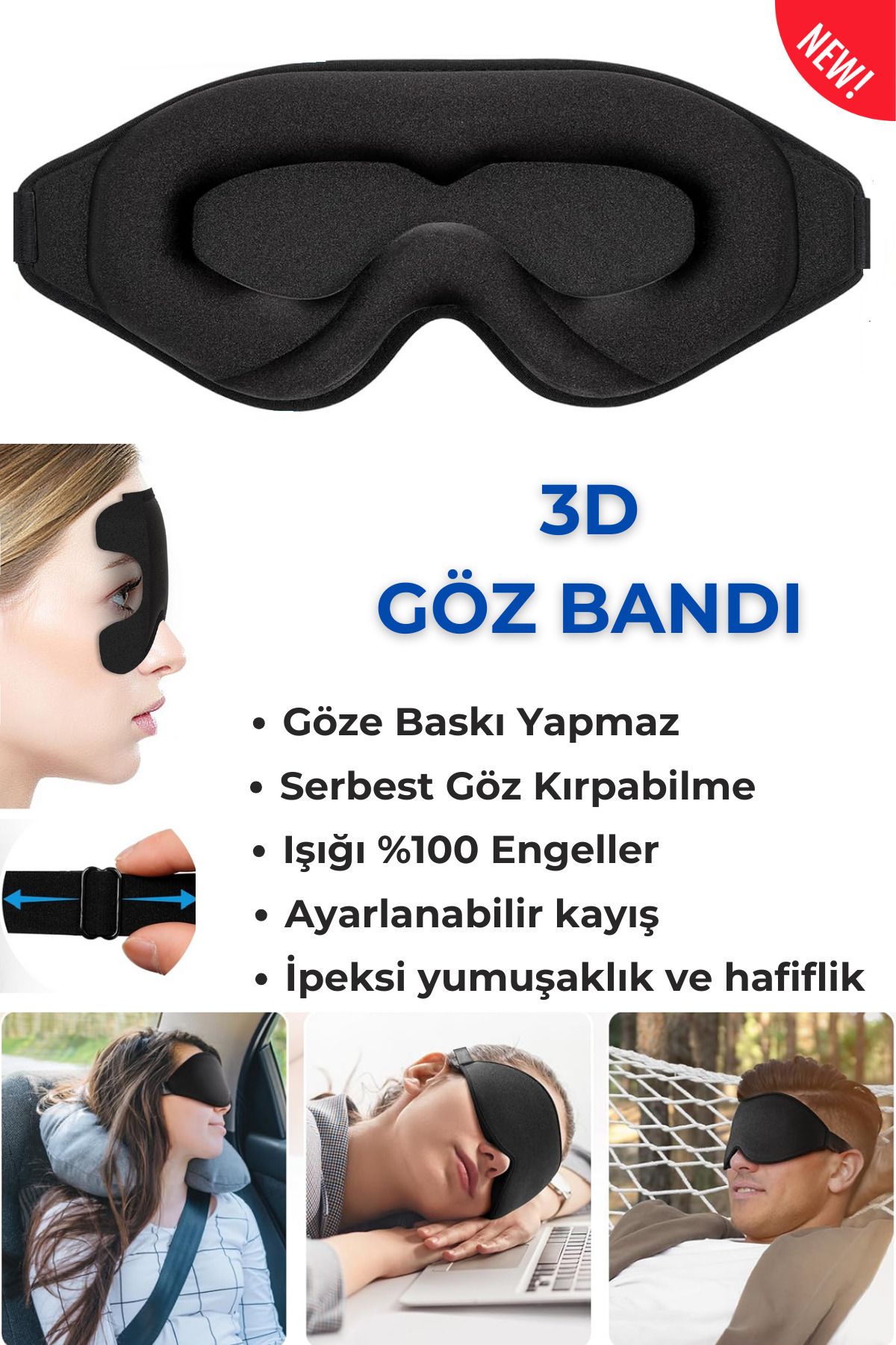 3d Uyku Göz Bandı / Işığı %100 Engeller / Göze Baskı Yapmaz / Terletmez