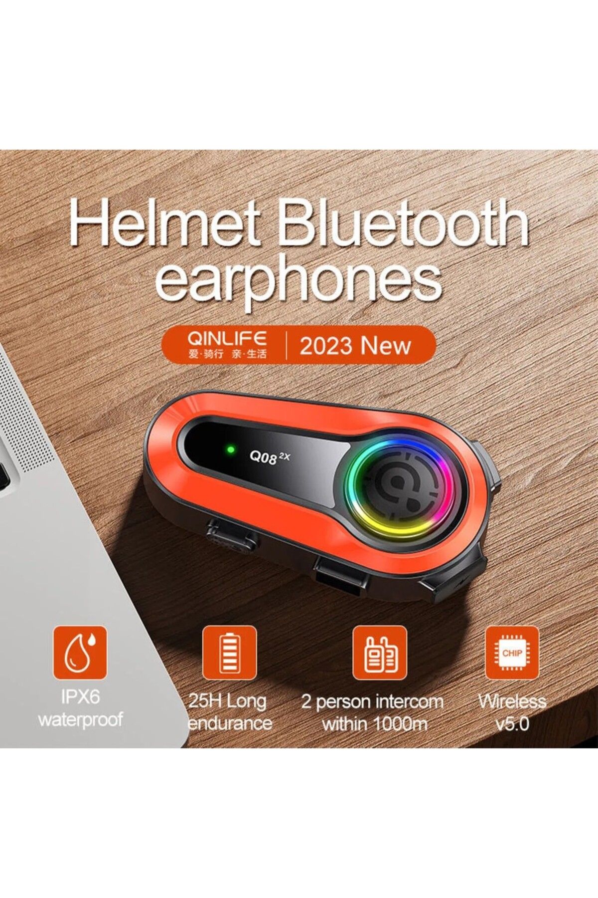 Q08-2X Rgb Işıklı Intercom 2 Kişi Bağlantılı 1000MAH Motosiklet Bluetooth Kulaklık Seti