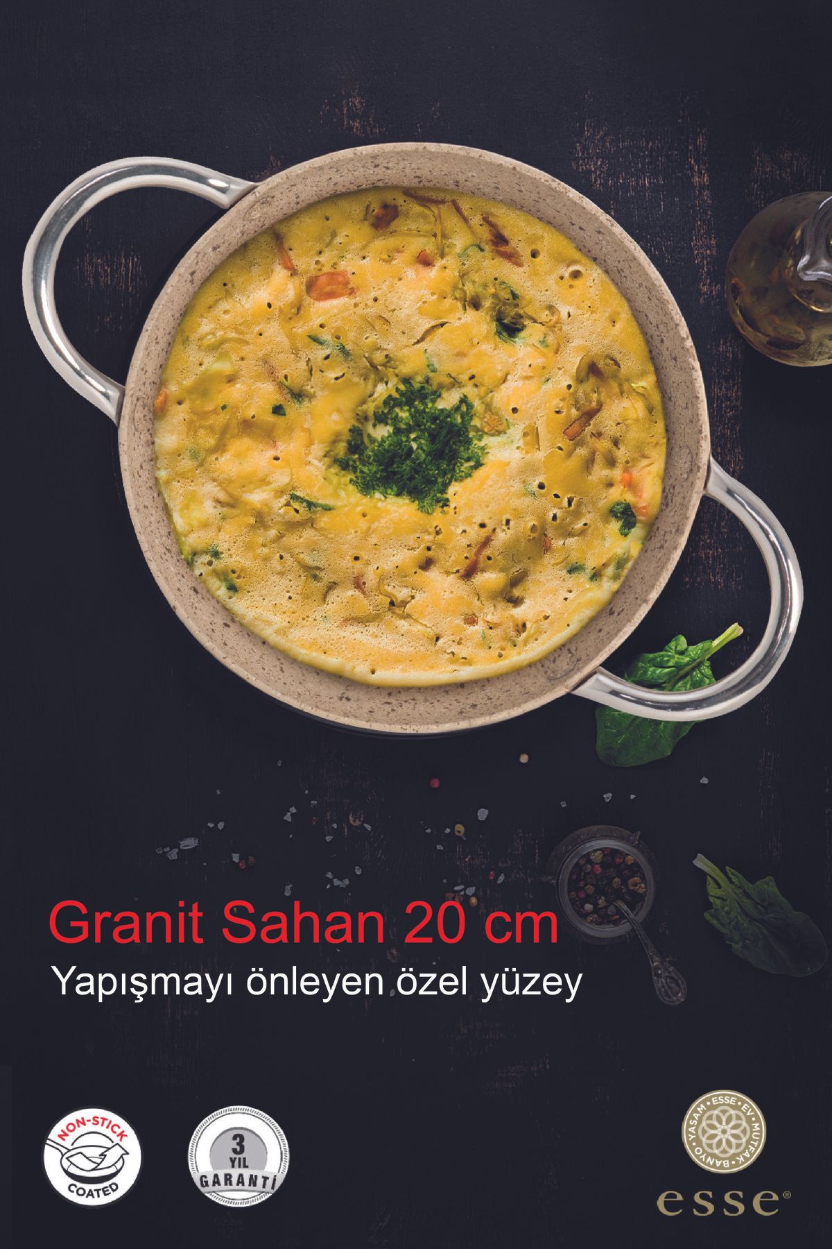 Granit Yapışmaz Sahan Kapaklı Krem 20 Cm ESS006