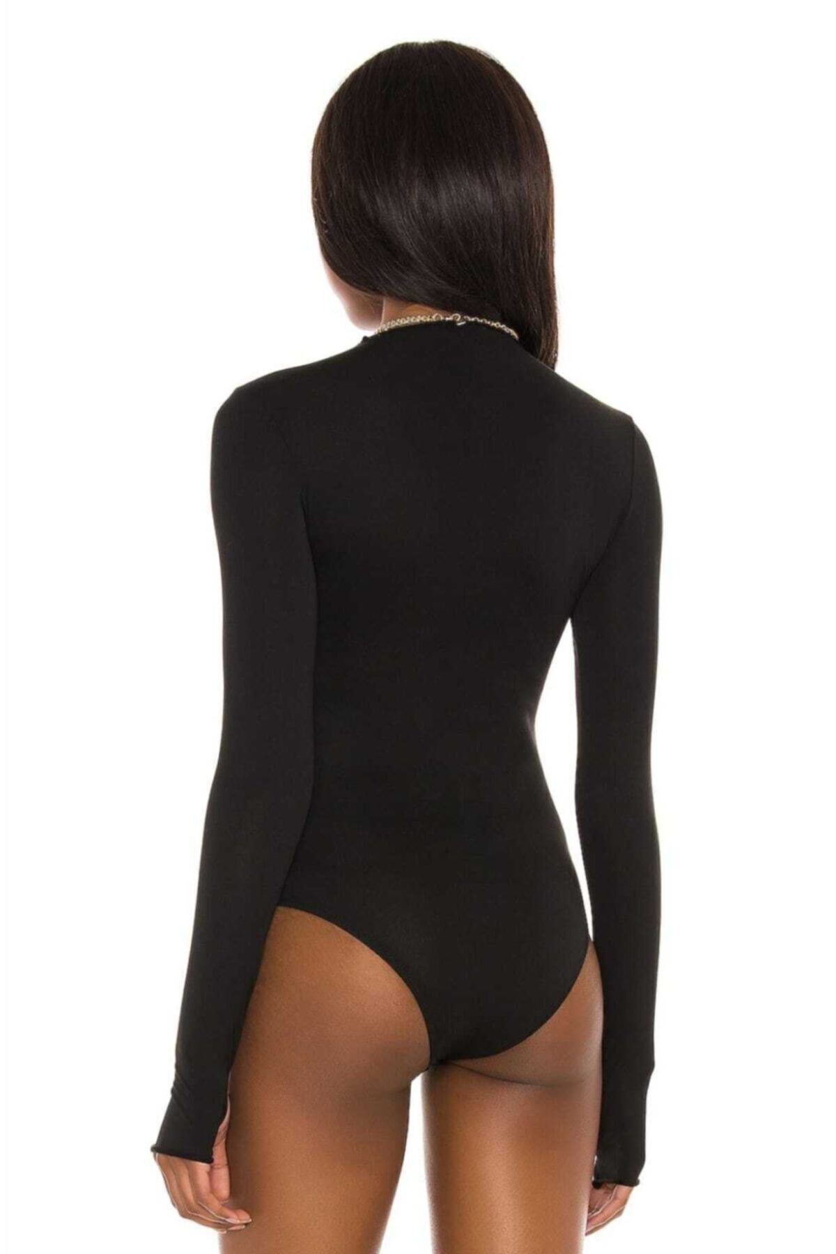 BSS Kadın Siyah Sıfır Yaka Parmak Geçmeli Bodysuit