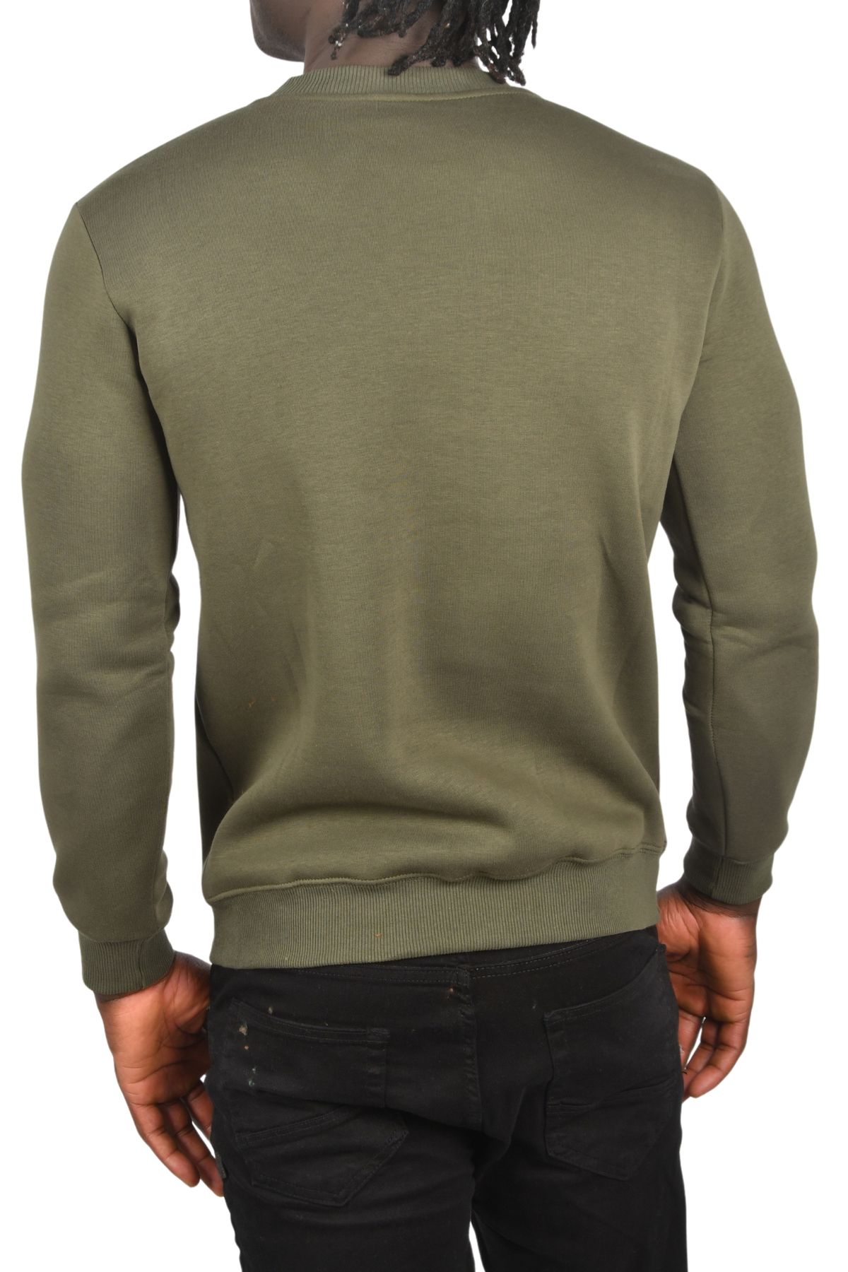 Erkek Haki Sıfır Yaka Üç İplik Kalın Unisex Pamuklu Basic Sweatshirt 2501560