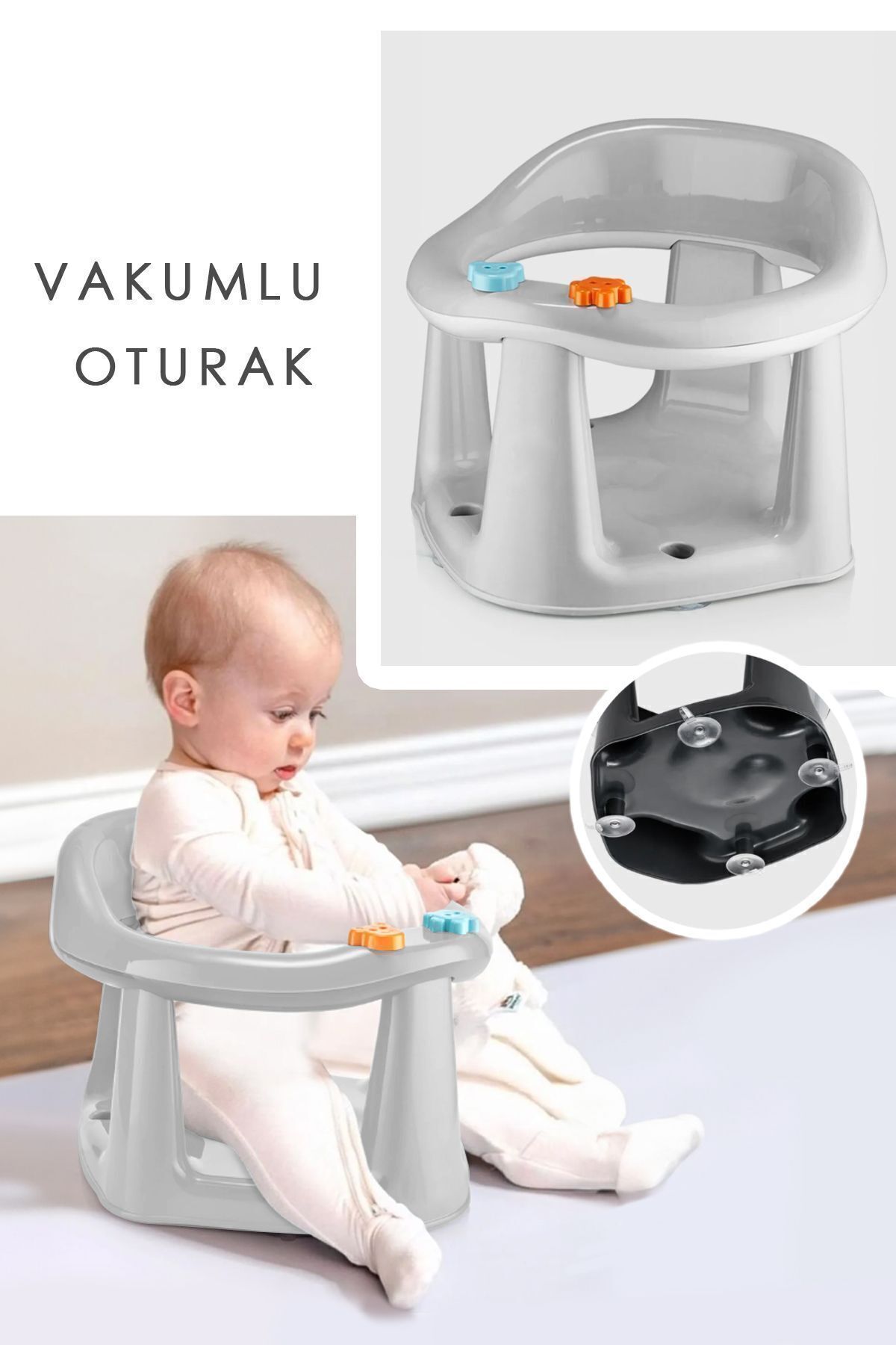 Bebek Banyo Oturağı - Vakum Tabanlı Bebek Mama Oturağı - Bel Destekli Vakumlu Banyo Oturağı Gri