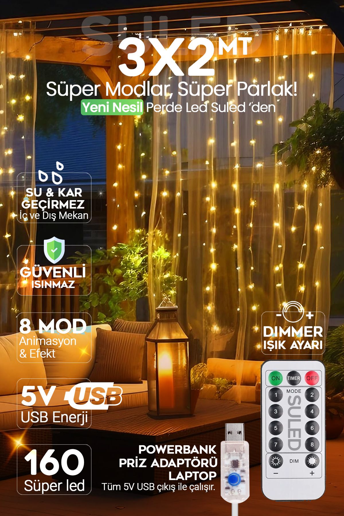 SULEDUSB PERDE LED 3X2 Metre160 Led Kumandalı...