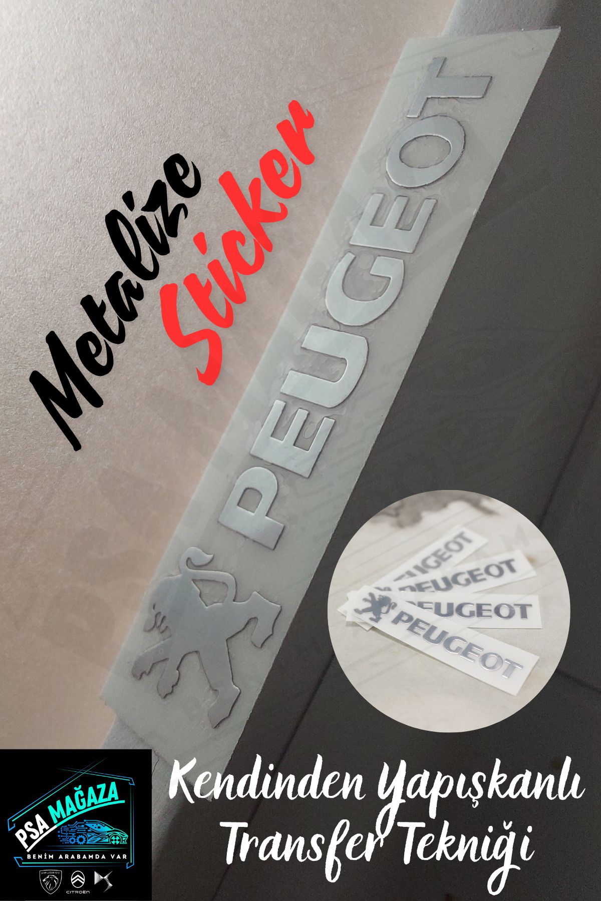 Peugeot Yazılı Metalize Mini Sticker [4 ADET] Araca Özel Şık Tasarım Peugeot Logolu Metal Sticker