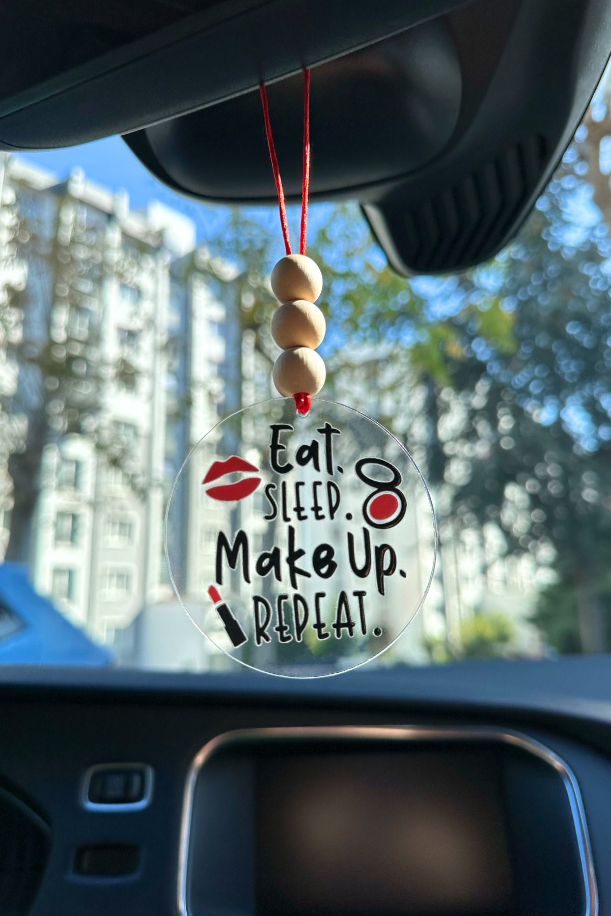 Eat Sleep Make Up Repeat Dikiz Aynası Süsü Hediye Kutulu Makyaj ve Güzellik Temalı Araba Süsü