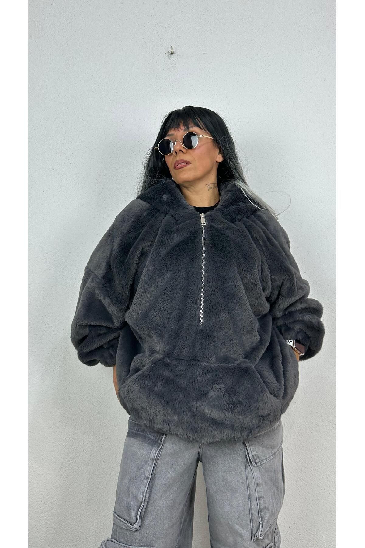 Oversize Füme Peluş Kürk Mont