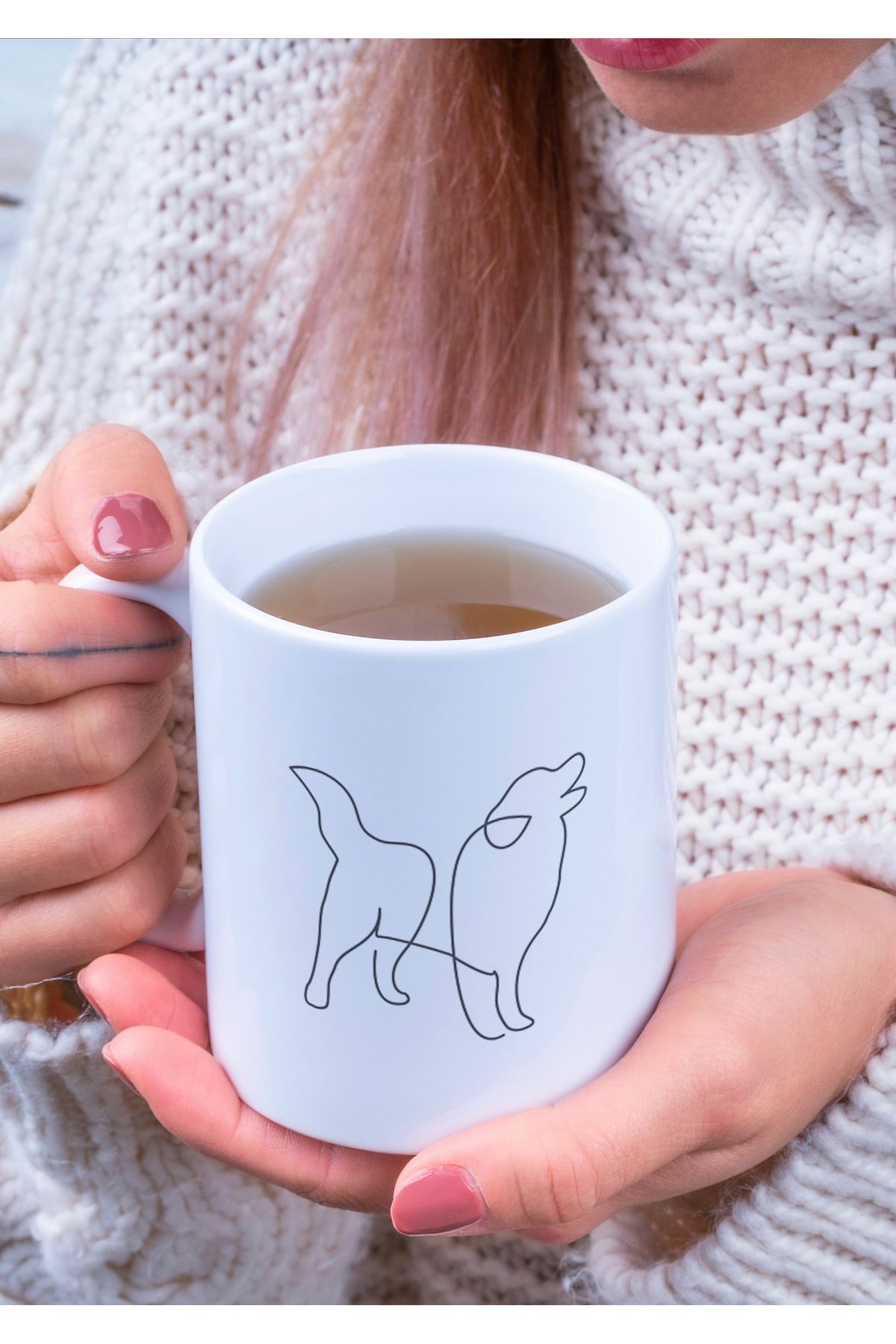 Çizgisel Köpek Tasarımlı Baskılı Kupa Bardak