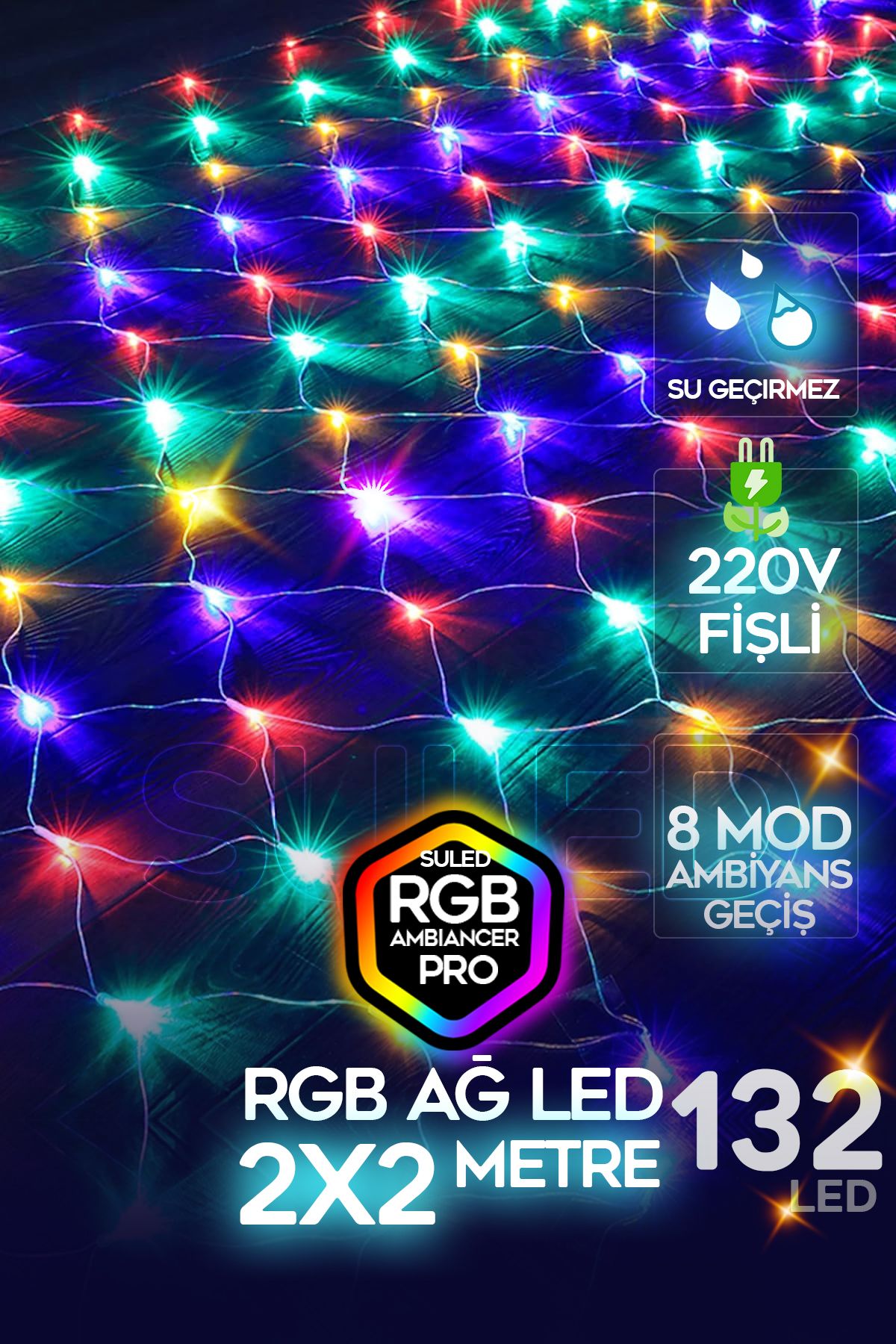 SULEDRGB Ağ Led 2x2 Metre132 Led 220V Fişli İ...