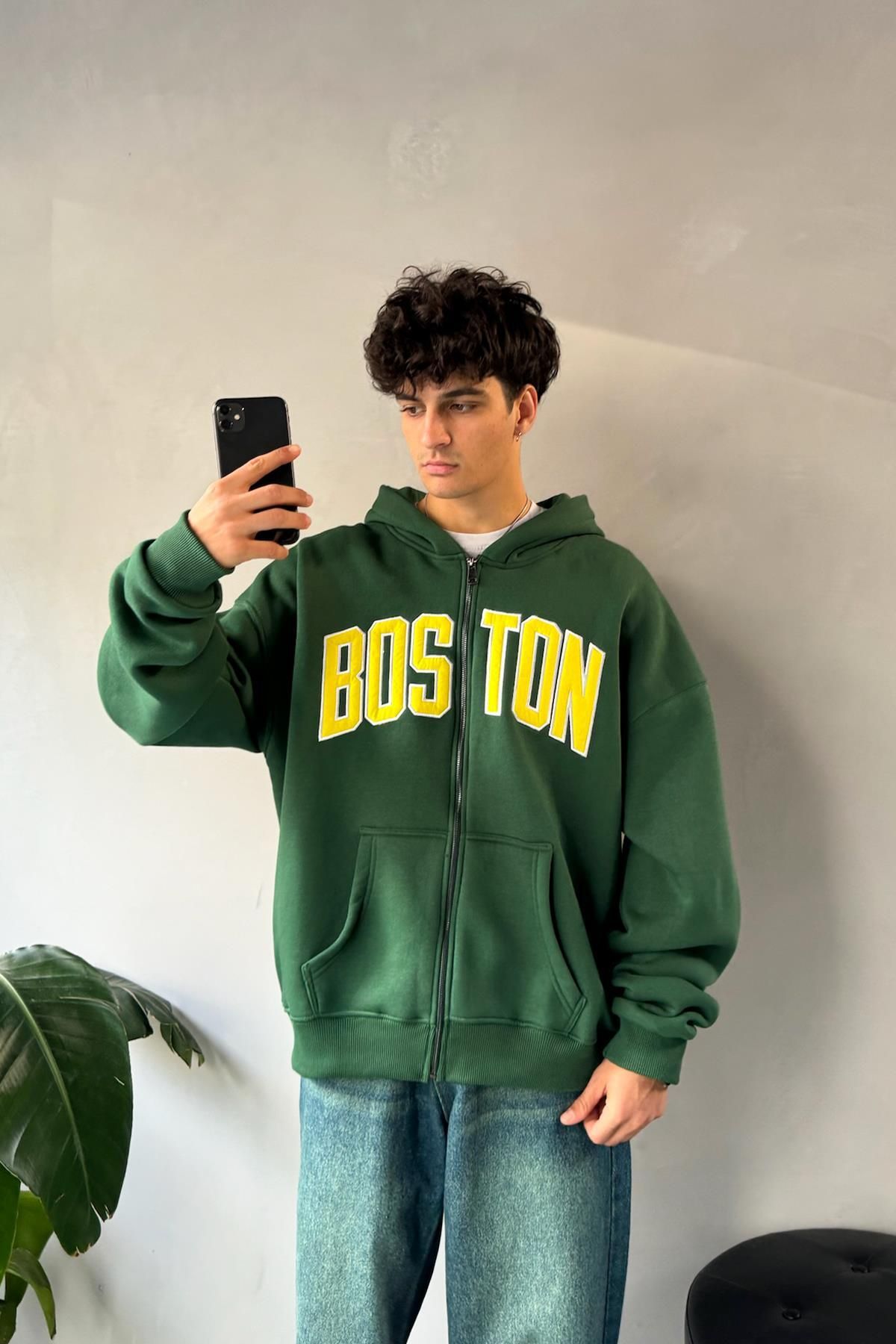 Flaw WearBoston NakışlıYeşil Zip Hoodie