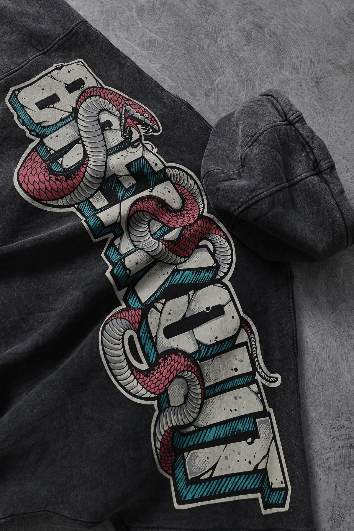 Erkek Antrasit Snake Yıkamalı Kapüşonlu Oversize Sweatshirt