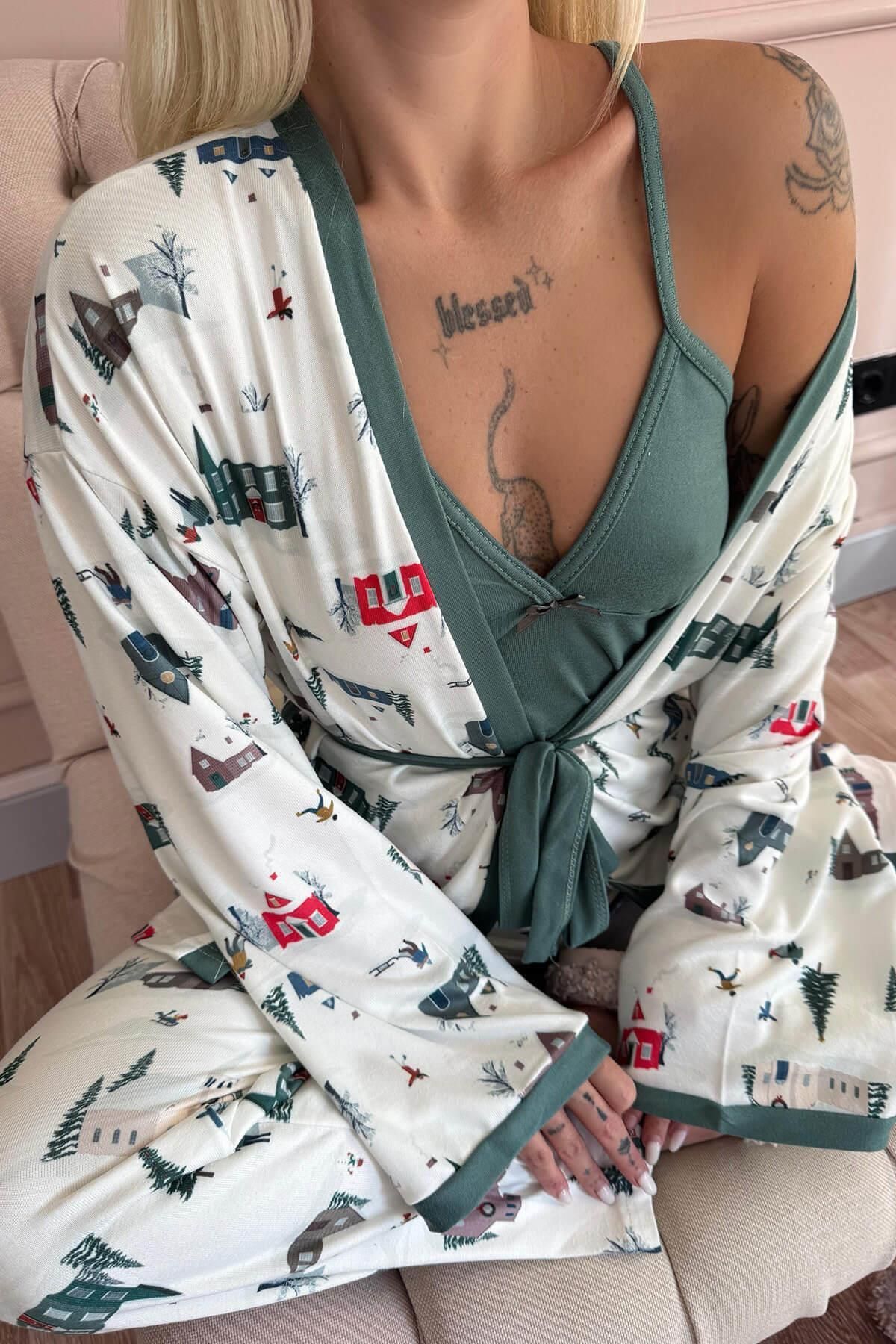 Beyaz Home Desenli Termal Sabahlıklı Kadın Pijama Takımı